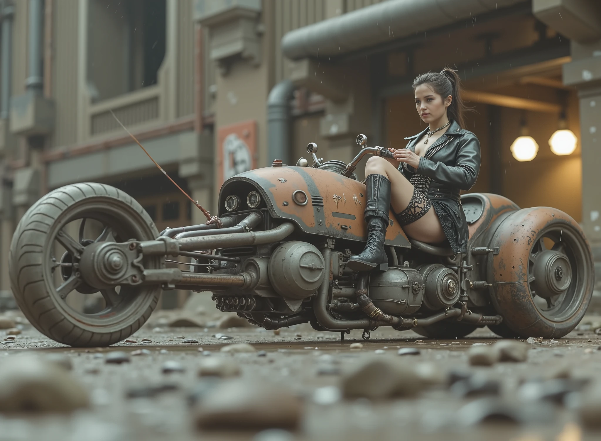 The image shows a desolate scene with a seated woman, tilted and taking the handlebars to adapt to speed on a uniquely designed motorcycle that embodies a steampunk or post-apocalyptic aesthetic. The motorcycle is sturdy, has only 2 sturdy all-terrain wheels, with a mix of exposed mechanical components, are evident such as large barrels and intricate pipes,  with a worn , rusty color palette and graffiti that hint at their robust durability. The woman, dressed in a striking and small sensual and gothic outfit in black leather with straps and chains, as well as punk jewelry and industrial calf boots., radiates confidence with her miniskirt. His outfit suggests a rebellious and daring style, to complement the intense environment. The remote desolate and deserted background,  which contrasts with the elegance of the motorcycle. The ground is wet, possibly due to the recent rain, that reflects light weight and that contributes to changing environment of the scene. Elements of dirt and decay are evident, but the composition retains a sense of dynamic action and adventure.