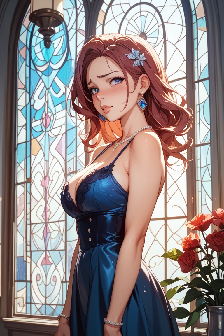 (Superlative work of the creator god: 1.4), (Absolute resolution: 1.4), (God of art's masterpiece: 1.4), Surrealist work, (Complex, detailed and realistic materials, textures, light sources: 1.3), (Perfect Anatomy: 1.2), Create a portrait of a character seated at a vintage wooden dressing table, with a serene morning light streaming through the window. The character is a young woman with lustrous medium-length brown hair, styled with a side braid and a delicate white floral hair clip. Her deep blue eyes are captivating, and her appearance is enhanced by subtle makeup. She is attired in a puff-sleeved blouse of a soft shade, topped with a fitted terracotta dress that flares slightly and is trimmed with ruffles. A navy blue bow adorns the neckline of her dress. The character is in the process of putting on an earring, with cosmetic items and a perfume bottle arranged on the table. The image should capture her reflection in the mirror, focusing on her face and the details of her attire. The room's ambiance is calm and cozy, with a warm, inviting color scheme. The aspect ratio is portrait. Legs: 1.4), (A pose that captivates men: 1.3), Smile, Seductive genius, Super detailed skin, (Best lighting by a famous artist: 1.2), 8K, ((Performing a charming pose by a famous master) Instruction: 1.6)),