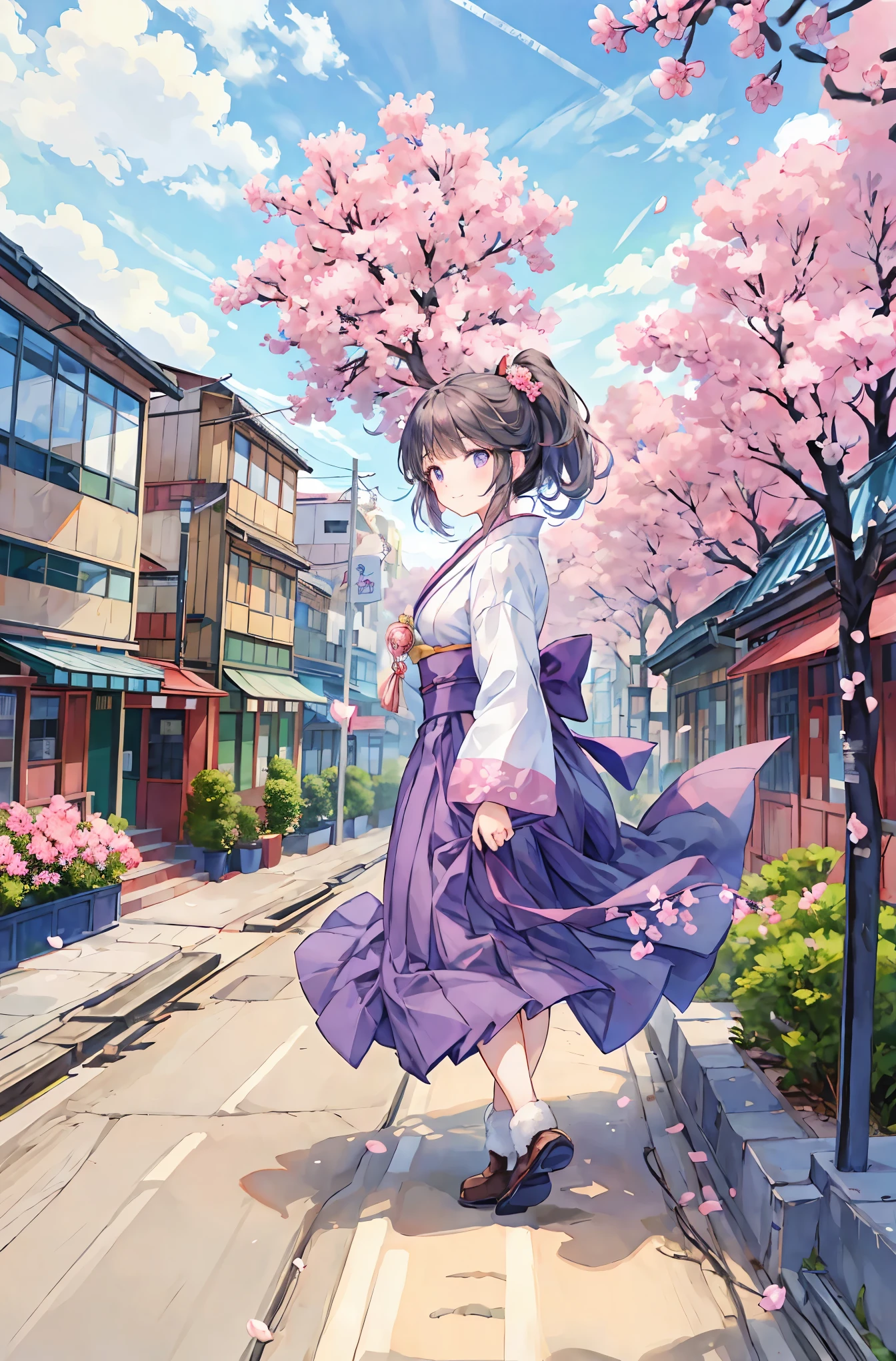 (masterpiece), Highest Quality, expressive eyes, perfect face, 1 girl, Alone, girl with high ponytail, busy street wearing hakama and short boots, Walking on a wide street , busy street with an old street tram running in the Taisho era of Japan. smile, pink yagas reprint top, purple ones, adorned with brown ankle boots, Taisho Romance , old street tram, spring, cherry blossoms花瓣, cherry blossoms, afternoon, Blue Sky, Scenery,Retro, BMC