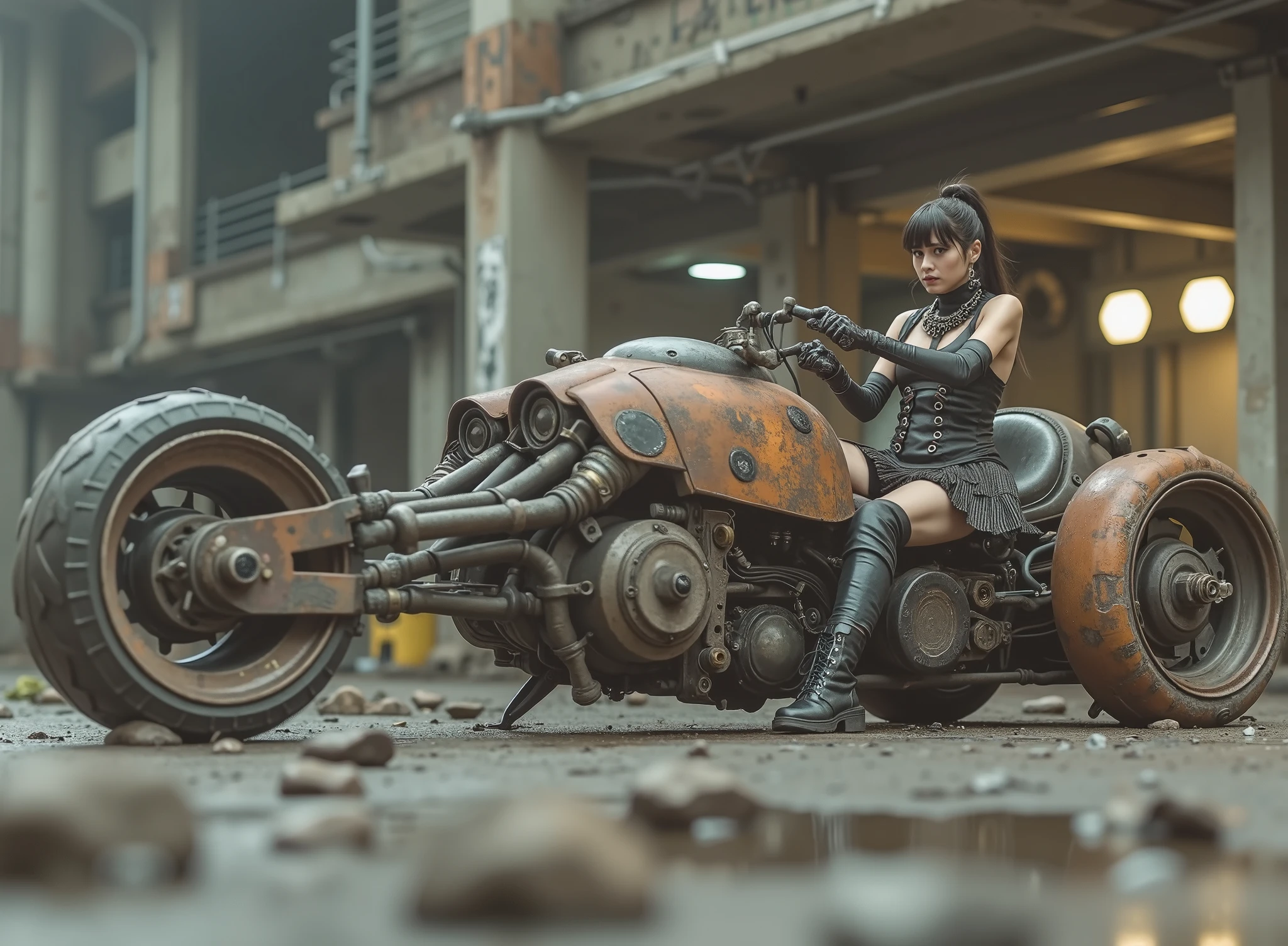 The image shows a desolate scene with a seated woman, tilted and taking the handlebars to adapt to speed on a uniquely designed motorcycle that embodies a steampunk or post-apocalyptic aesthetic. The motorcycle is sturdy, has only 2 sturdy all-terrain wheels, with a mix of exposed mechanical components, are evident such as large barrels and intricate pipes,  with a worn , rusty color palette and graffiti that hint at their robust durability. The woman, dressed in a striking and small sensual and gothic outfit in black leather with straps and chains, as well as punk jewelry and industrial calf boots., radiates confidence with her miniskirt. His outfit suggests a rebellious and daring style, to complement the intense environment. The remote desolate and deserted background,  which contrasts with the elegance of the motorcycle. The ground is wet, possibly due to the recent rain, that reflects light weight and that contributes to changing environment of the scene. Elements of dirt and decay are evident, but the composition retains a sense of dynamic action and adventure.