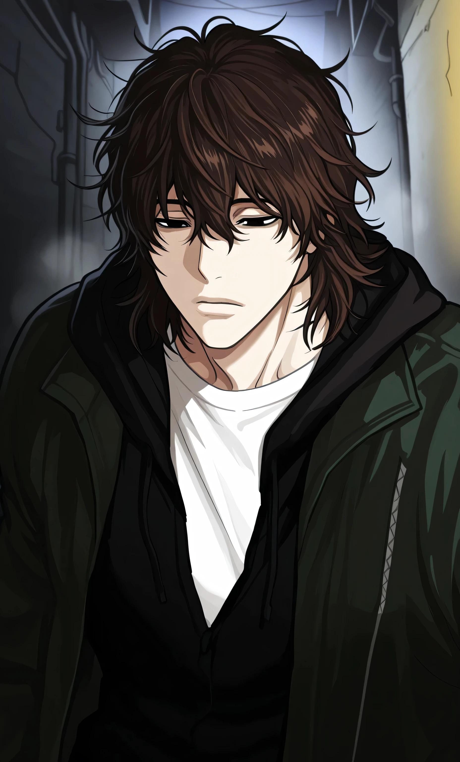 1male,solo,Yasutora Sado,brown hair,medium hair,messy hair,hair between eyes,black eyes,emotionless,green jacket,black hoodie,white shirt,muscle,night,alley,fog,Lookism
