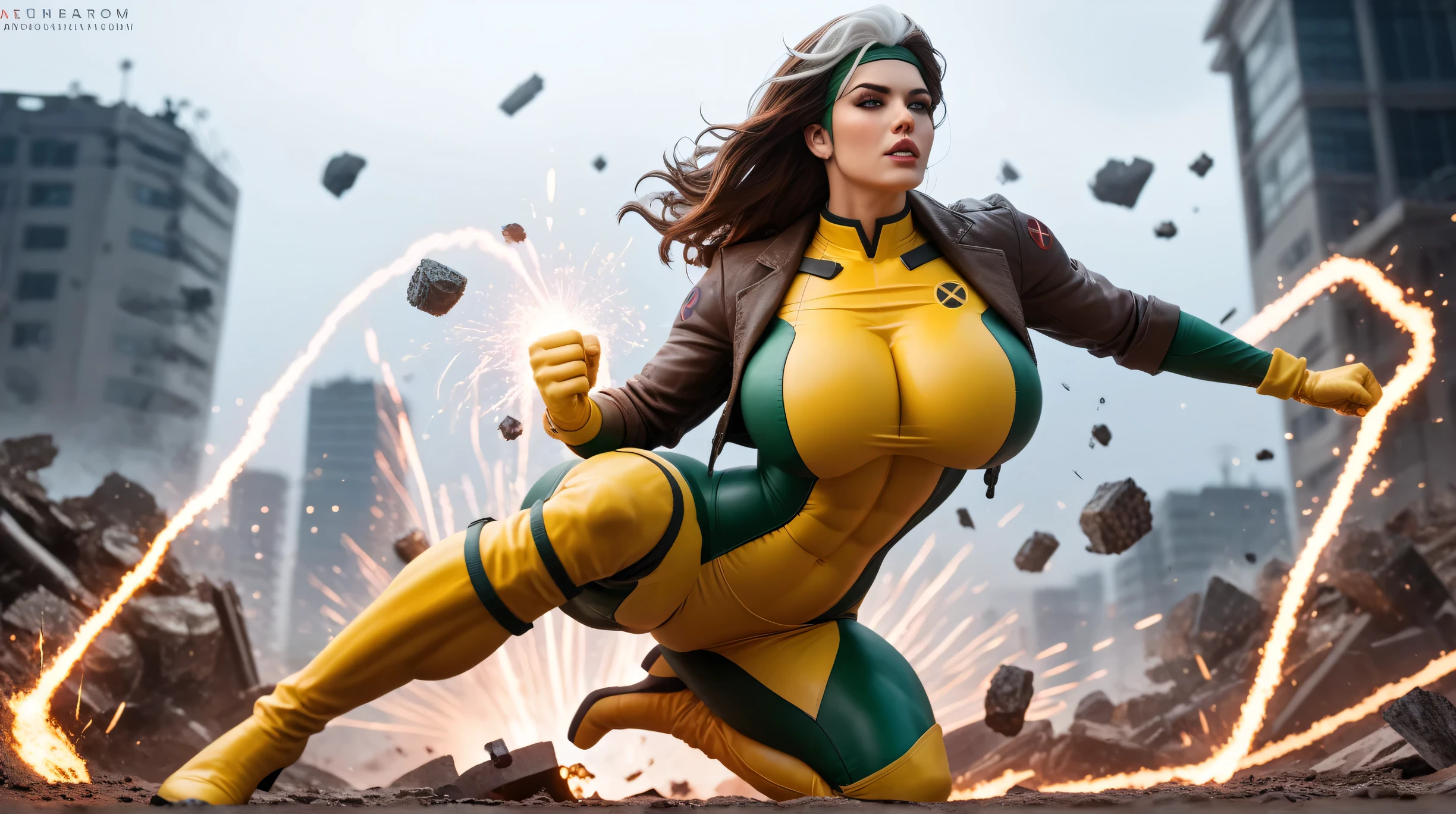 Ultra-realistic, cinematic close-up shot of Rogue from X-Men, showcasing her flawless, curvy, athletic body with gigantic breasts and a huge ass. She wears her ultra-tight green and yellow bodysuit that perfectly accentuates her voluptuous figure, her brown hair with white streaks whipping through the air. Her gloved right hand grips the collar of a muscular enemy, lifting him slightly off the ground, while her other fist is cocked back mid-punch. The background is a chaotic battlefield with shattered debris, sparks flying, and smoke swirling in the dim, storm-lit atmosphere, capturing raw action and intensity