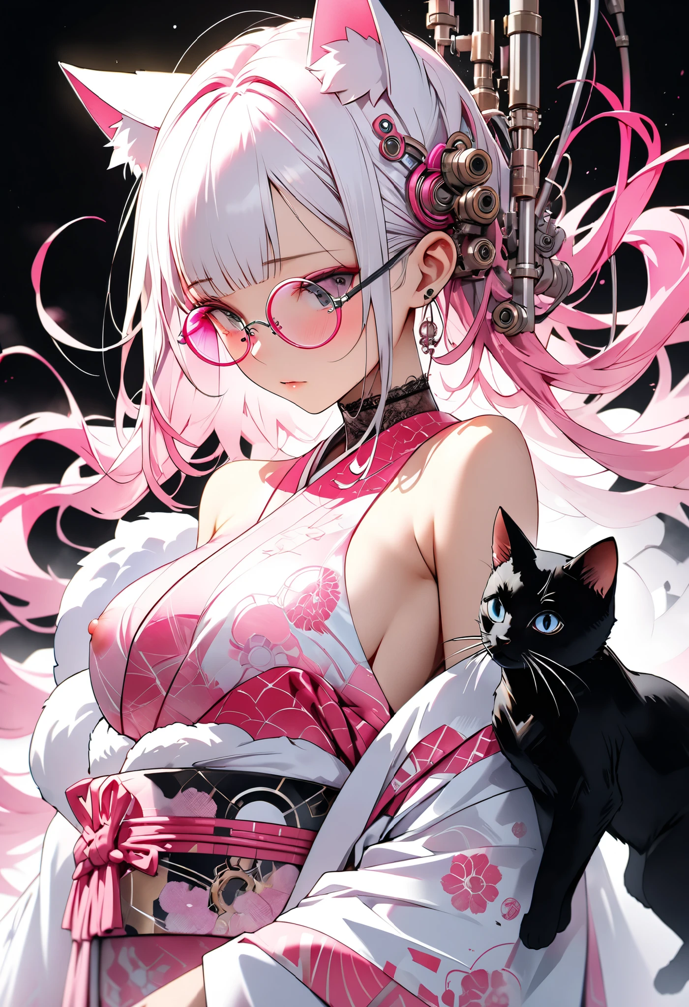 ether machine girl、Fluffy white fur grows from behind the ears Ears {x} pink similar to blood vessels connected to the neck and back Tube {x} Intricate illustration in an imaginative cyberpunk art style, Translucent white short hair (black cat ears) Stylish Watercolor Pink Pattern, She is wearing a beautiful kimono, (round pink glasses:1.2), transparent pink culture solution.pink and white mechanical body,, on white background , connecting the tube to an external machine、, Girl looking down,bust, Brush Blur Effect,( high quality, and high precision, 4K, 8k:1.5), ultra detailed.Physical Base Rendering,Ultra-fine coating,cinematic lighting on Boro's bed, Vivid, vivid color, professional shooting resolution,Award-winning、sexy、Erotic、open shoulders、thighs、Nipples