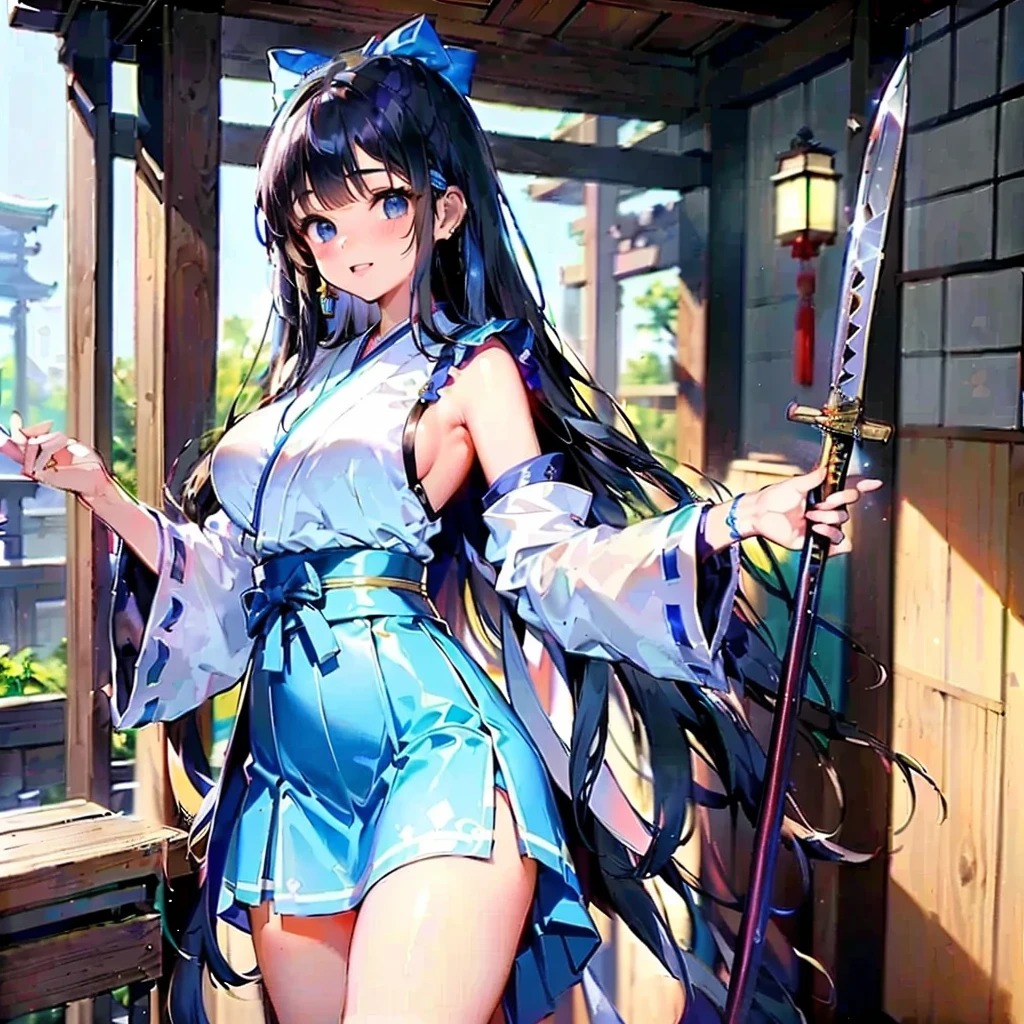 Girl, in battle stance, facing her back, holding a glowing katana, really long brown hair, blue eyes, blue ornaments in her hair, skinny, blue short kimono (covering her butt), big butt, white lace thigh-high stockings, cinematic light, trees, waterfall, Chinese shrine, blue sky, white clouds