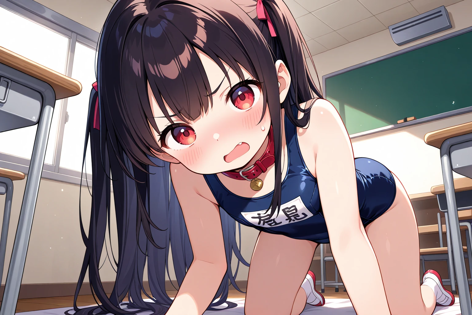 masterpiece, Highest quality, Nico_Yazawa,High resolution, 1 Girl, alone, Brown Hair, short hair, Twin tails、Purple eyes,  , , (Cleavage)、(Beautiful thighs), Carrying a red backpack, (randoseru backpack:1.2) Sweaty、Thick thighs、Highest quality、4K、1girl, 8years old, loli, cute, grin, 、School Swimsuit、on the train、Many passersby are surrounding the girl.、、Thick thighs、Ahegao、Men holding their penises and surrounding girls、Semen from the penis、Bukkake、Bukkake、（Bukkake）projectile cum、Blowjob