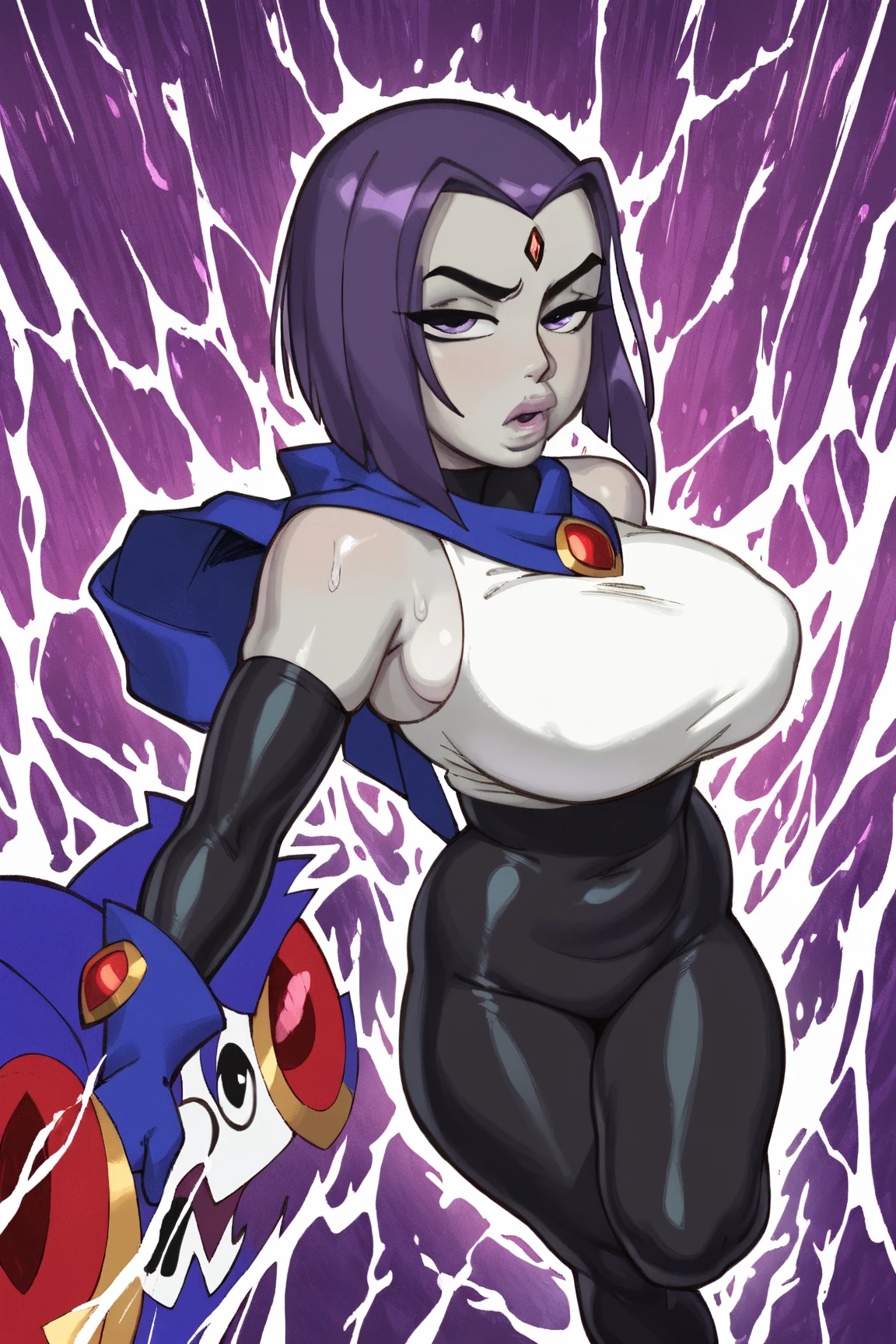 Raven (DC), Women, big breasts small waist, big butt, Futanari, huge cock, Semen, alone, bright colors, naked, masturbation, semen, acostada, colores oscuros, sexo con un caballo, zoofilia, 