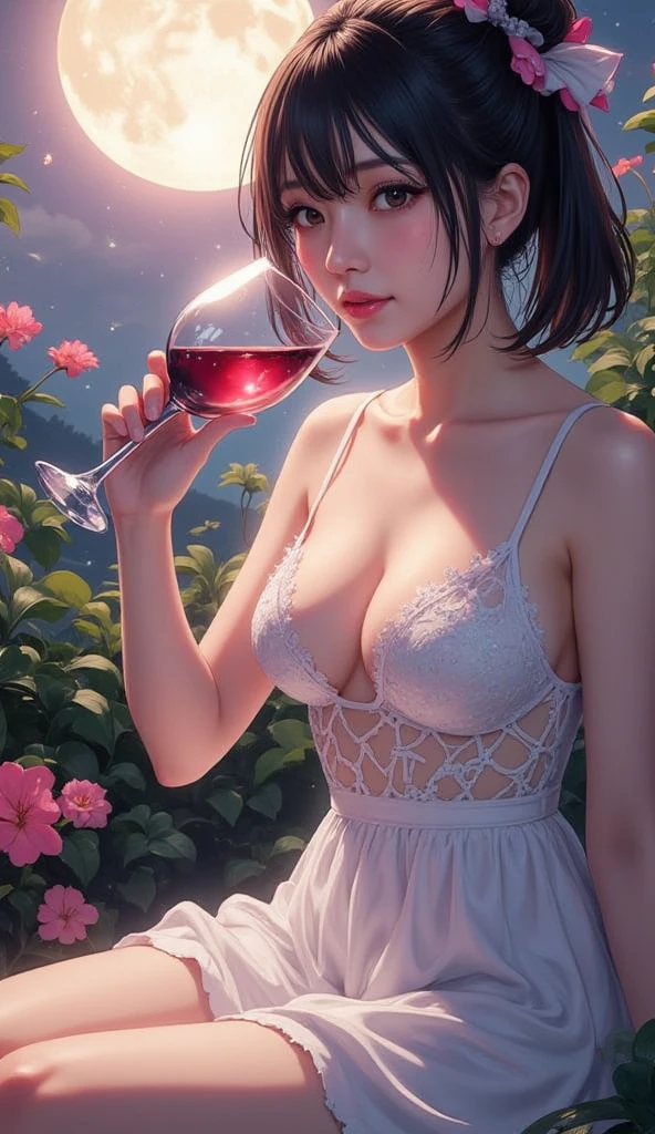 (masterpiece, best quality:1.2), solo, 1girl, Mikasa Ackerman, Attack on titan, looking at viewer, red gorgeous scarf, earrings, midriff, official art, extremely detailed CG unity 8k wallpaper, perfect lighting, (masterpiece:1.0),(best_quality:1.0), ultra high res,4K,ultra-detailed, photography, 8K, HDR, highres, absurdres:1.2,, bokeh:1.2, lens flare, (vibrant_color:1.2),(beautiful_face:1.5),(narrow_waist),(perfect hands, perfect anatomy), white wedding dress, wedding dress, gala dinner, holding a glass of wine, white dress