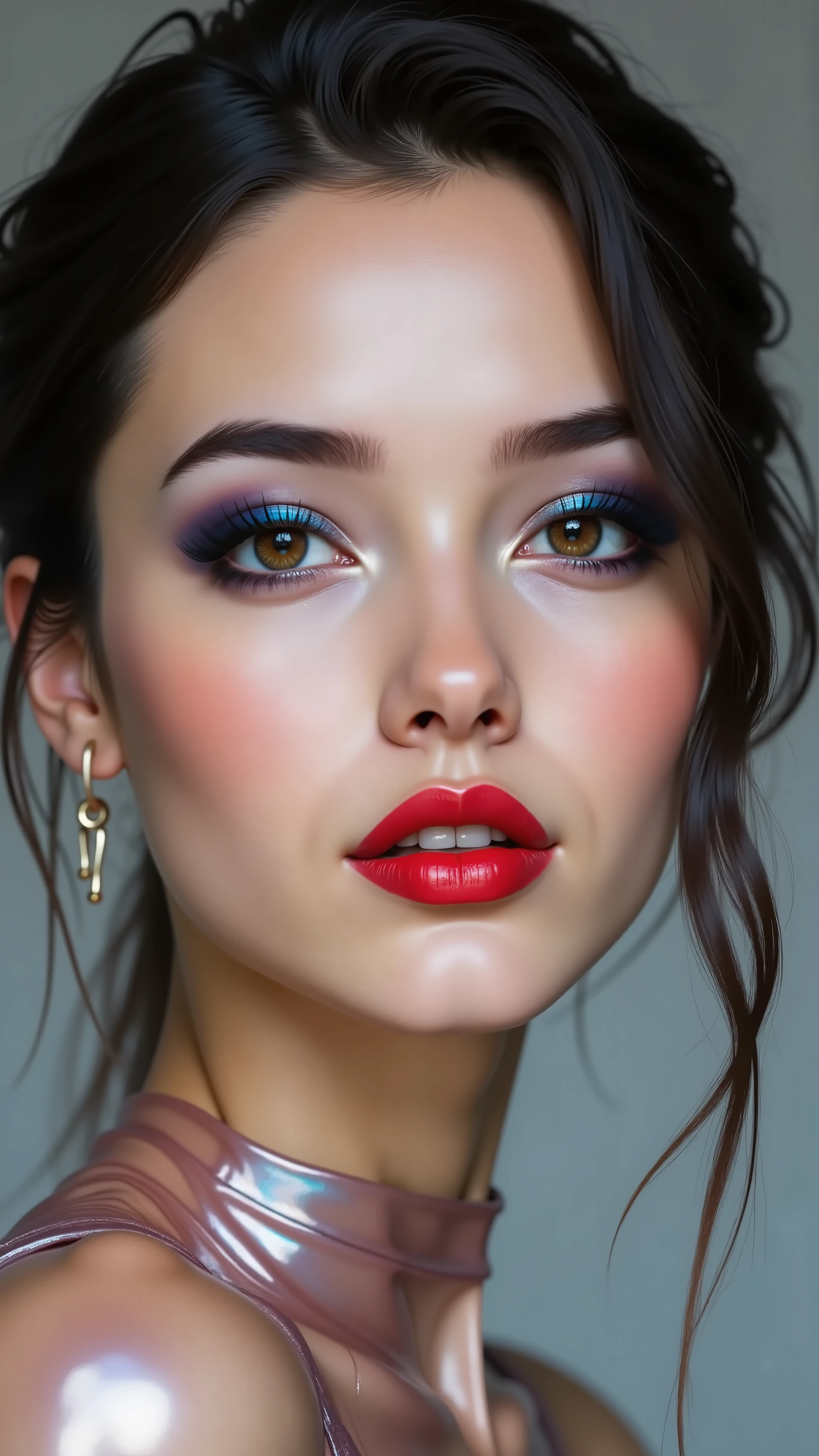  photorealistic Realism, (Ultra high resolution Realistic eyes clear, sharp, absurd quality, not blurry), [long blue_eyelashes:1.33][perfect dark_eyeshadow:pink:1.45][glossy red_lipstick:1.3] professional Magic Makeup on eyes:1.2, perfect composition\ {Character: "Beautiful Girl, full body shot" | Face: "symmetrical, pale skin, full lips, red lipstick: 1.25" | "ultra details Eyes: (acid-resistant terminology) (macro-details:1 . 5): * Moist corneal surface (visible aqueous layer:1 . 2) * Hyper-detailed iris stroma ((brown) with gold flecks) * Precise limbal ring (slightly darker pigmentation:1 . 22) * Pupil micro-texture (irregular edge authenticity:0 . 9) * Vasculature in sclera (subtle red veins radiating from limbus)" - "Lashes: blue individual synthetic fibers (crosshatched roots:1 . 2 ,clump-free separation)" (Post-Processing: - "Frequency separation for skin vs eye details" - "Selective sharpening: eyes180%,hair120%" - "Denoise: luminance20,color35(retain corneal speculars)" A woman with velvety skin:1.33, (short [black:hair], (wavy, combed up, behind the ear), extremely detailed:1.25)), photo of the most beautiful artwork in the world, professional majestic (photography by Steve McCurry), 8k uhd, dslr, soft lighting, high quality, Fujifilm XT3 sharp focus, f 5.6, ((perfect hands:1.2)), ((perfect female body:1.4)), (firm and full breasts1.4)), light pale complexion, (transparent color pvc  Shiny dark-golden Holographic Full Bodysuit) , ((very wet bodysuit)), super reflective surfaces, [ultra smooth PVC material, tight-fitting dresses], ((in the stadion Grass)), 