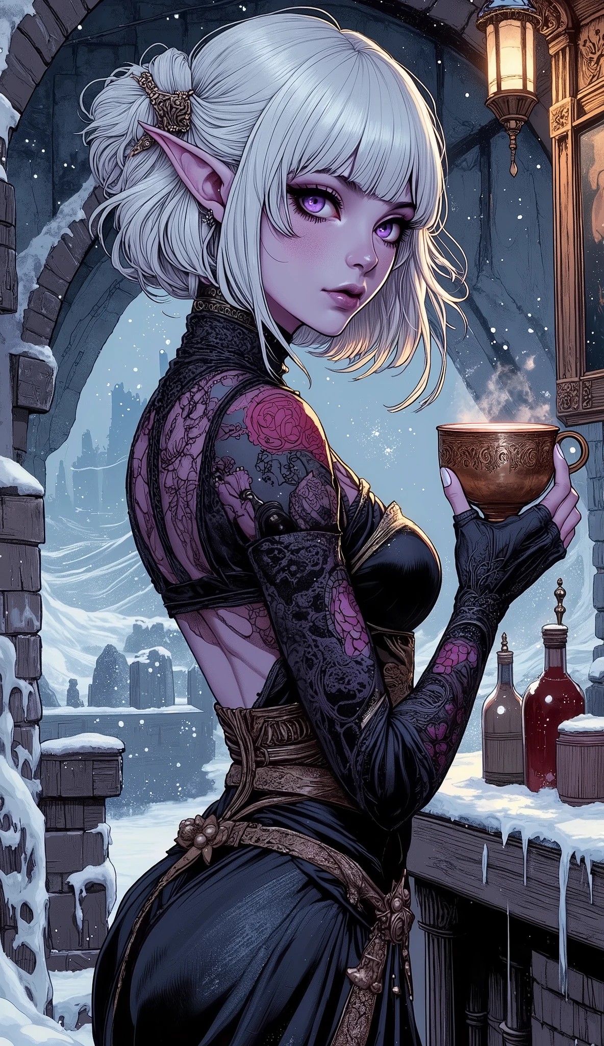 (A fusion of Ukiyo-e and dark fantasy. Aesthetic and gothic digital art. Draw a detailed face. Look away.) BREAK
(Transparent white hair. Blunt bangs. White eyebrows. Long white eyelashes. Almond-shaped eyes. Lavender-colored eyes. Thick, dark eyeliner. Small pink lips. Slightly pointed ears. Dark purple skin. Thin limbs. Thin fingers. White nails. Draw one thumb and four fingers accurately.) BREAK
(A female dark elf cleric elegantly sips hot wine poured into a copper goblet at a frozen ancient ruins pub. The female cleric turns her back, slightly twists her body, and warms herself by drinking hot wine while gazing at an old painting hanging on the wall illuminated by a lantern in the frozen pub. On the counter next to her, you can see an old bottle of wine and empty bottles. Her attire is a colorful 15th-century Nordic court-style outfit. Please depict her in a close-up, with the frozen space viewed from the floor.)