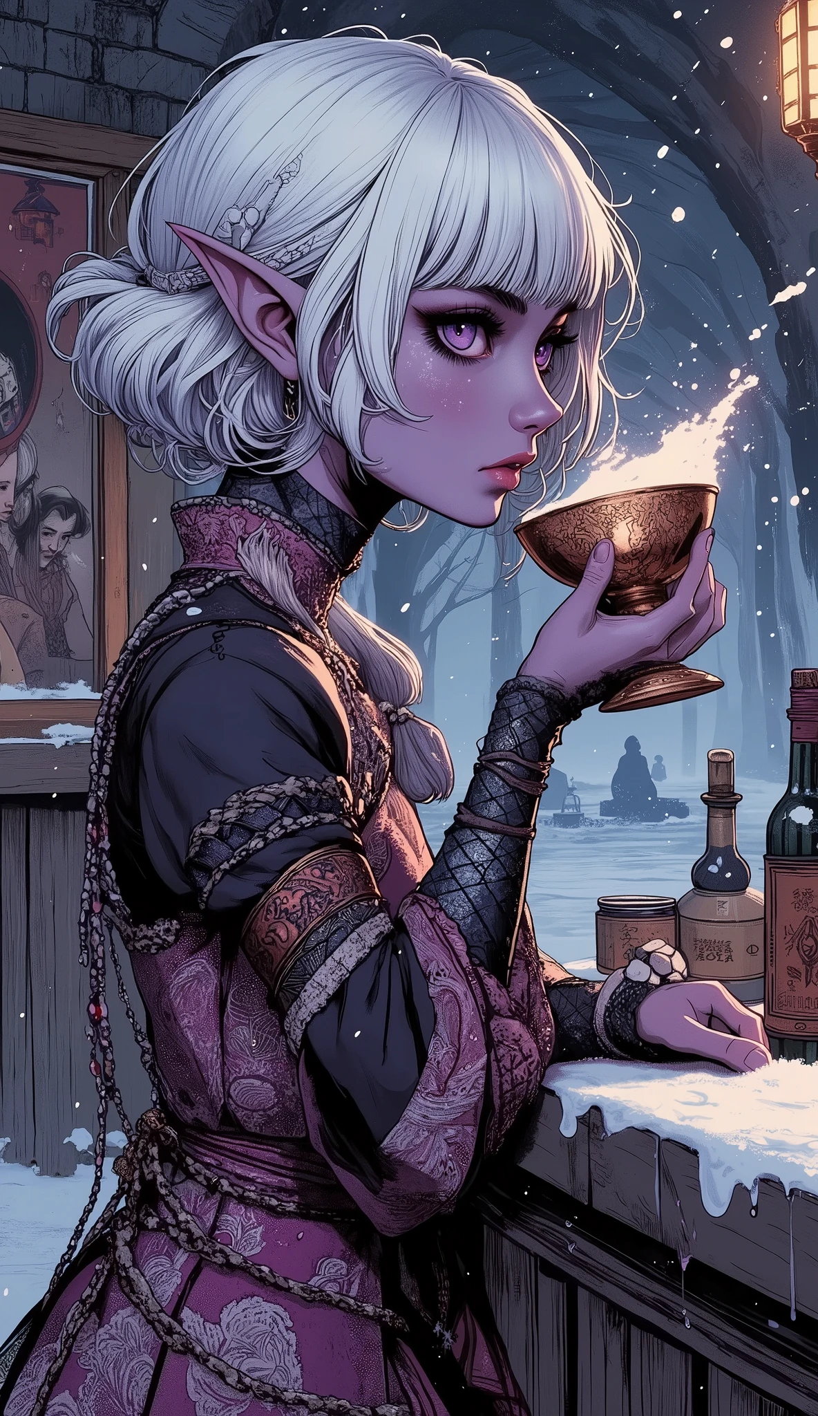 (A fusion of Ukiyo-e and dark fantasy. Aesthetic and gothic digital art. Draw a detailed face. Look away.) BREAK
(Transparent white hair. Blunt bangs. White eyebrows. Long white eyelashes. Almond-shaped eyes. Lavender-colored eyes. Thick, dark eyeliner. Small pink lips. Slightly pointed ears. Dark purple skin. Thin limbs. Thin fingers. White nails. Draw one thumb and four fingers accurately.) BREAK
(A female dark elf cleric elegantly sips hot wine poured into a copper goblet at a frozen ancient ruins pub. The female cleric turns her back, slightly twists her body, and warms herself by drinking hot wine while gazing at an old painting hanging on the wall illuminated by a lantern in the frozen pub. On the counter next to her, you can see an old bottle of wine and empty bottles. Her attire is a colorful 15th-century Nordic court-style outfit. Please depict her in a close-up, with the frozen space viewed from the floor.)