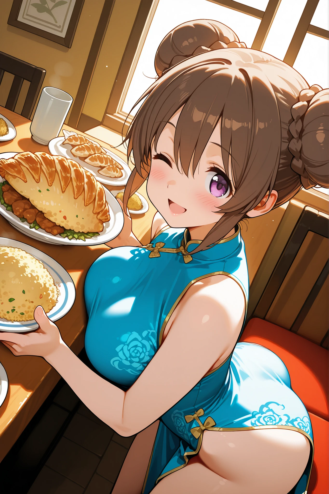 NSFW, 1girl, solo, character focus, from side, from above, dutch angle, dynamic angle, ((restaurant)), ((dining room)), fried rice, jiaozi, dynamic pose, blush, faint lips, one eye closed, happy smile, open mouth, light blue china dress, highleg dress, brown hair, bangs between eyes, light purple eyes, light smile, double buns, short hair, large breasts, sidelocks, tareme, soft lighting, high detail, anime style, {animated painting}, {{{{{five hand fingers}}}}}, {{{{{4fingers and 1thumbs}}}}}, {{{high resolution}}}, {{{best quality}}}, {{ultra-detailed}}, {illustration}, {{an extremely delicate and beautiful}},