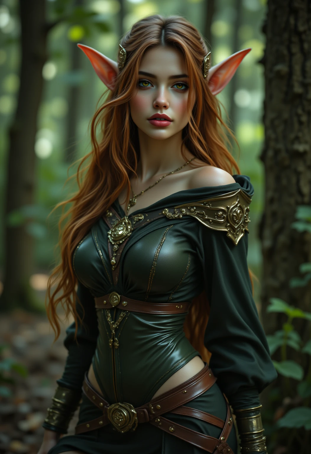 Wallpaper on your phone, better quality, cinematic image, detailed image, fantasy, detailed face, detailed beautiful amber eyes, Beautiful girl, faun, horns, hooves, high, very long fluffy red hair, long fluffy eyelashes, thick eyebrows, wide hips, cheerful, Golden Autumn, the forest