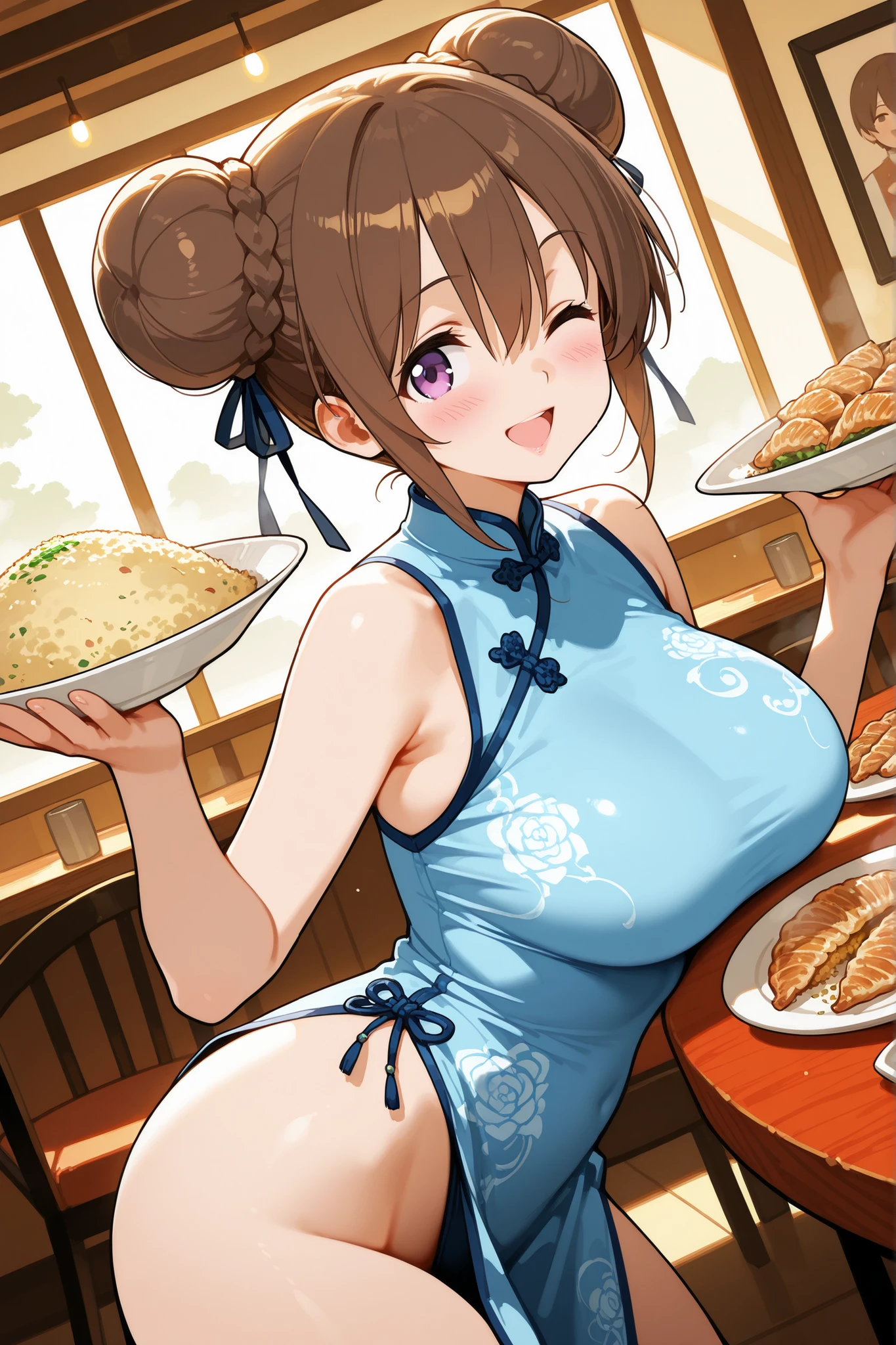 NSFW, 1girl, solo, character focus, from side, dutch angle, ((restaurant)), ((dining room)), fried rice, jiaozi, dynamic pose, blush, faint lips, one eye closed, happy smile, open mouth, light blue china dress, highleg dress, brown hair, bangs between eyes, light purple eyes, light smile, double buns, short hair, large breasts, sidelocks, tareme, soft lighting, high detail, anime style, {animated painting}, {{{{{five hand fingers}}}}}, {{{{{4fingers and 1thumbs}}}}}, {{{high resolution}}}, {{{best quality}}}, {{ultra-detailed}}, {illustration}, {{an extremely delicate and beautiful}},