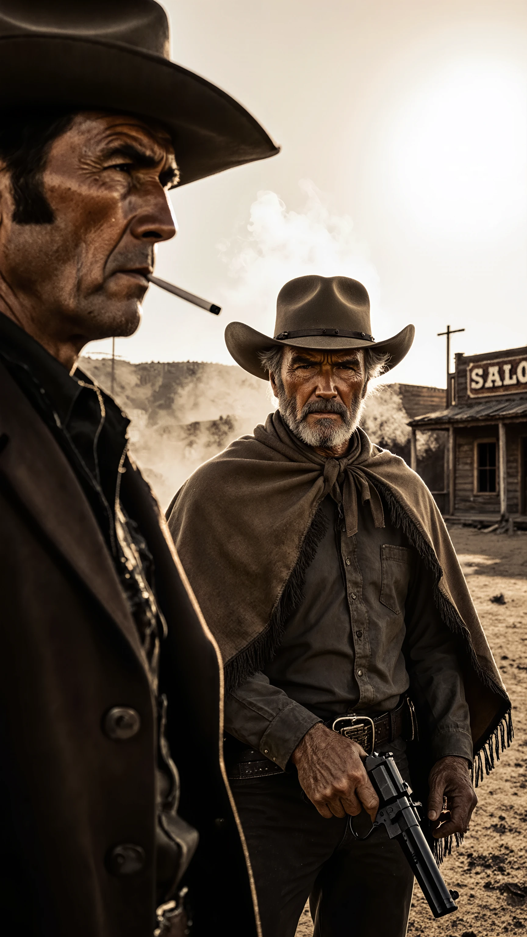 duel scene in the wilderness with dust、1960s spaghetti Stan movies Style、rugged man reminiscent of Clint Eastwood、poncho swaying in the wind and a hat covered deeply、smoke rising from cigarettes、devastated western townscapes、wooden building and saloon signs、strong sunlight and long shadows under the blazing sun、Dramatic low-angle composition、close-up of faces glowing with sweat、details of a revolver at hand、Tight Atmosphere、Coarse-grained film texture、Sepia Tones、expression of movement with motion effects、dramatic western movie scene, cinematic composition, film grain, vintage color grading
