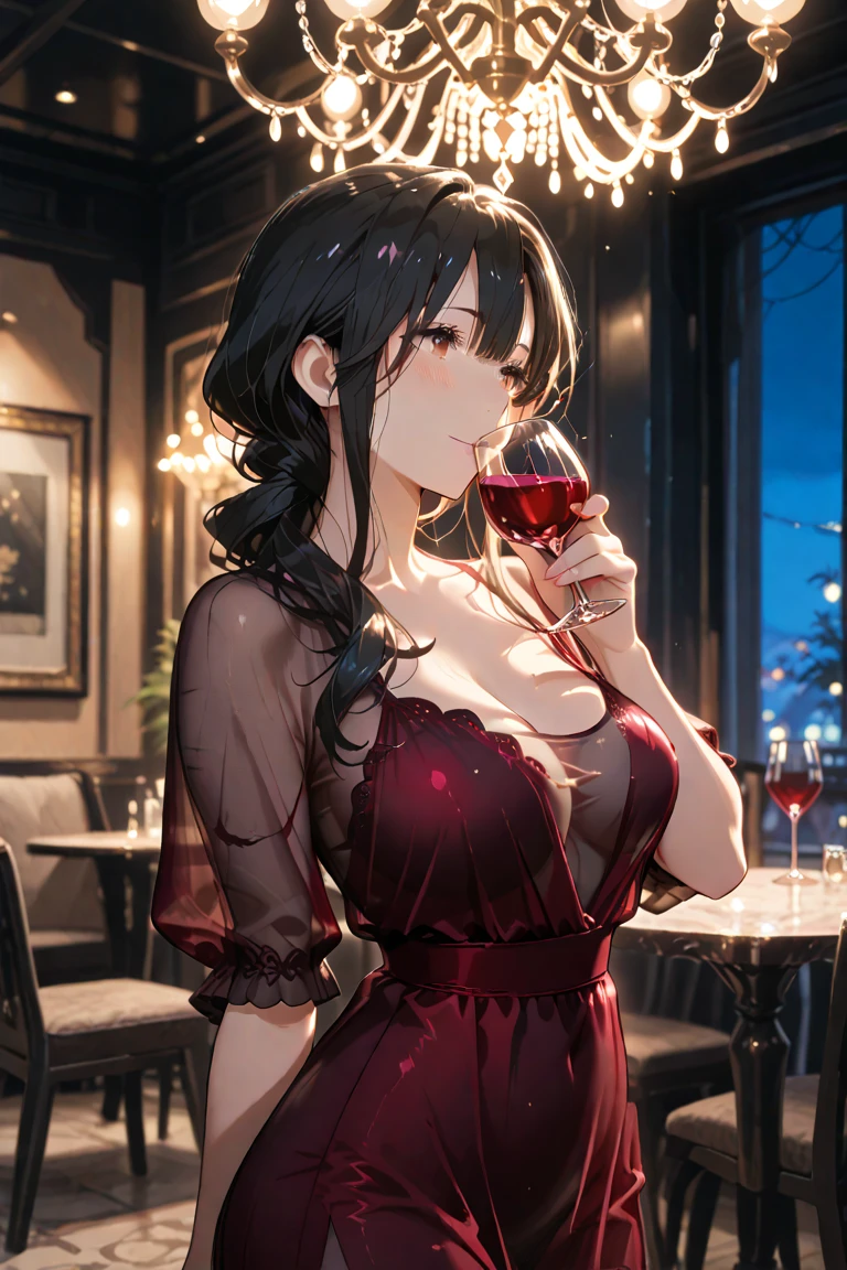 Adult Female, Mature, shy, blushing, short messy dark red hair, shoulder length hair, beautiful make up, dress, sitting in front, dinner table, fancy resturant, table with wine, night time, window seat view, highly detailed, best detail, excellent detail, perfect anatomy, perfect hands, perfect fingers
