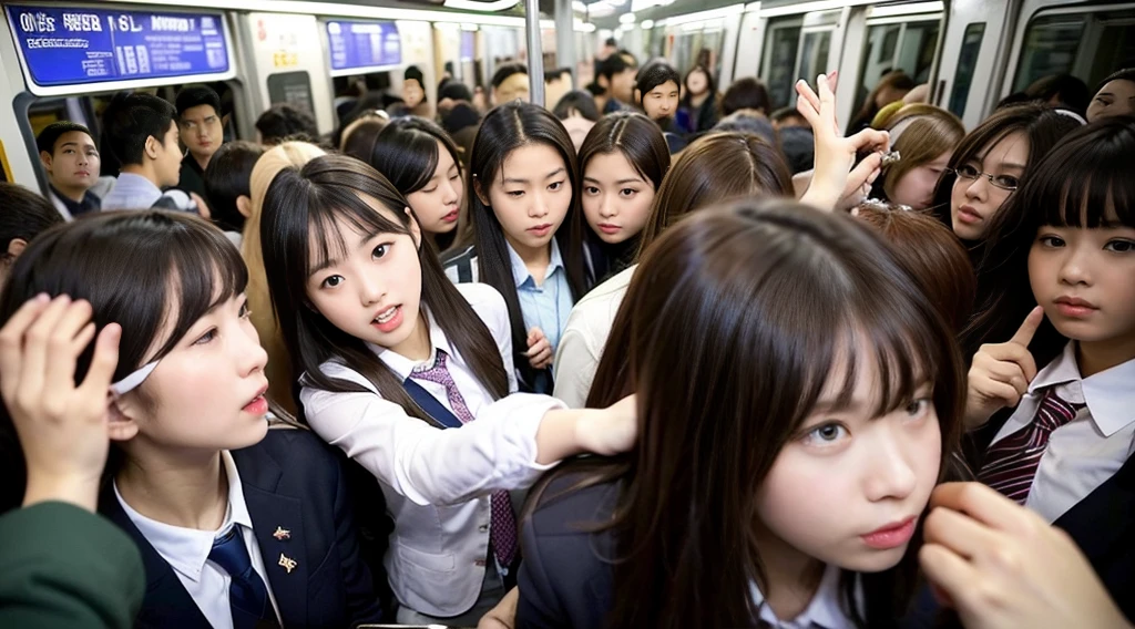 Wide angle shot, ((inside crowded train)), Korean woman wearing a micro skirt, breast, breast grab, shy