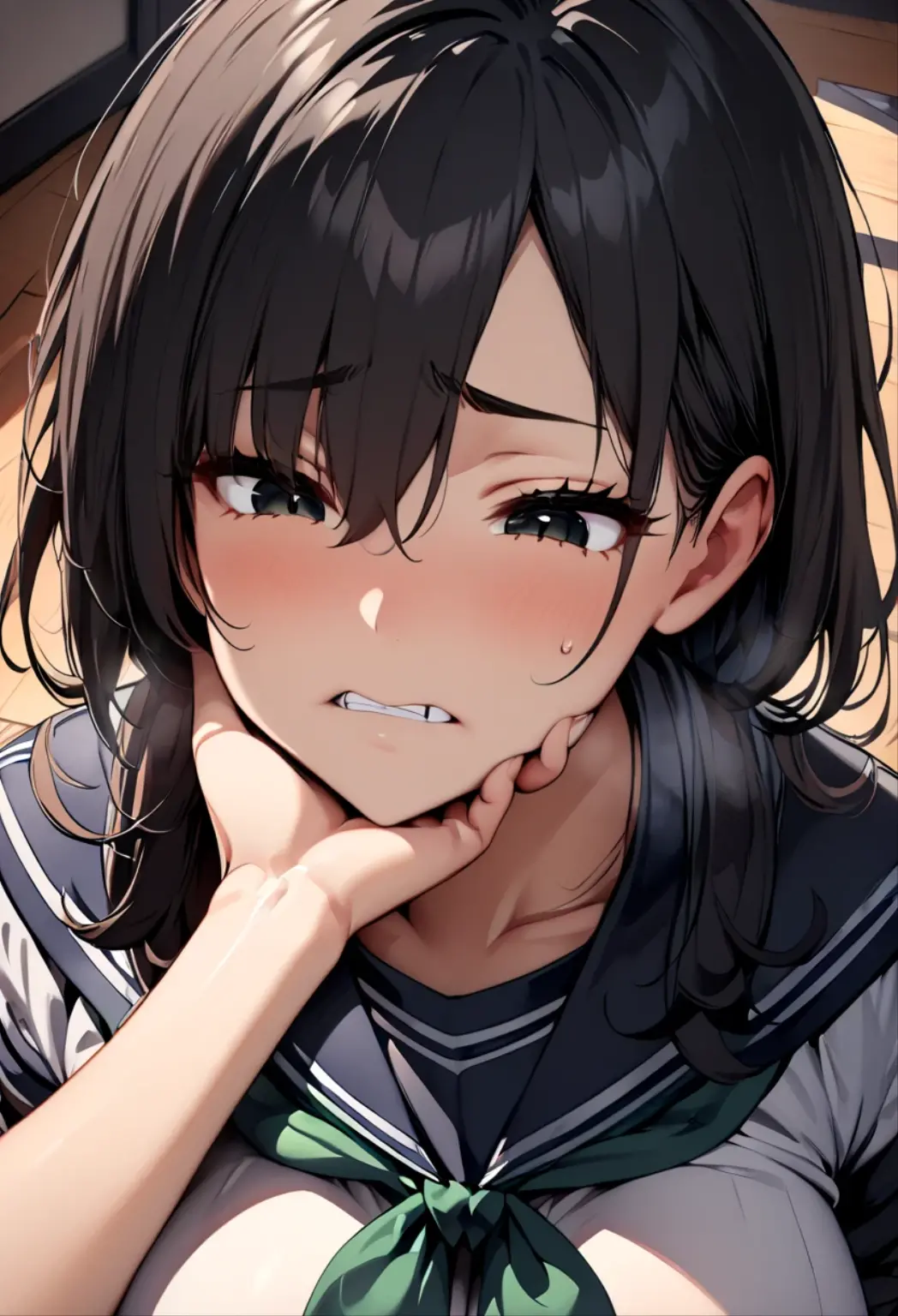 cheek pinching, pinching, yellow eyes, english text, , tears, 2girls, multiple girls, serafuku, solo focus, tearing up, looking at viewer, yellow background, pov, sonoda umi, hair between eyes, blue hair, open mouth, simple background, bangs, long hair, cheek pull, speech bubble, ((medium quality)), ((medium quality))