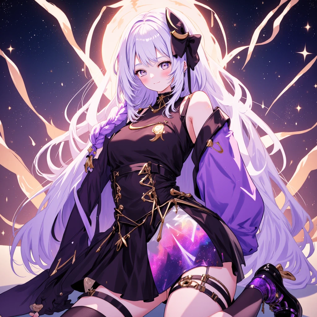 A goddess Perry with her having black clothes with some purple details and some gold details with lights around her with her having a huge ass and big giant thighs