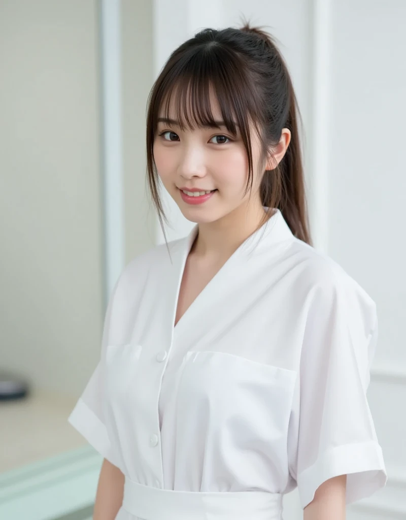 Highest quality、8k wallpaper、Reality:1.4、Cinema Lighting、View your viewers、background:An all-white room、1 beautiful girl、Japanese Idol、30 years old、Beautifully detailed eyes、Detailed face、Beautiful Skin、Slender、Slim waist、Thin legs、Light Hair、Japanese Nurse、Light pink nurse uniform、Light pink nurse cap、smile:1.5、 pose