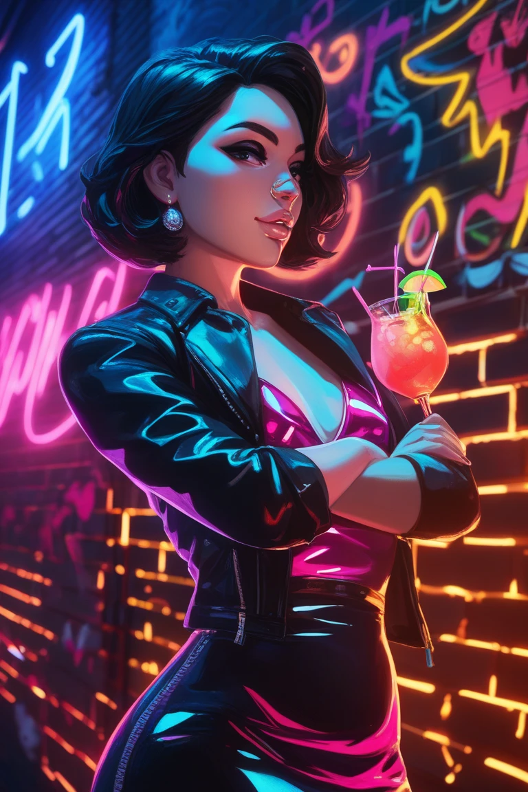 1 woman, aunt cass, detailed face, beautiful detailed eyes, beautiful detailed lips, extremely detailed face and features, long lashes, black outfit, panties exposed, drinking cocktail, club setting, dancing, grinding on other women, horny poses, provocative, sensual, dramatic lighting, neon colors, vibrant, cinematic, hyper detailed, photorealistic, 8k, best quality
