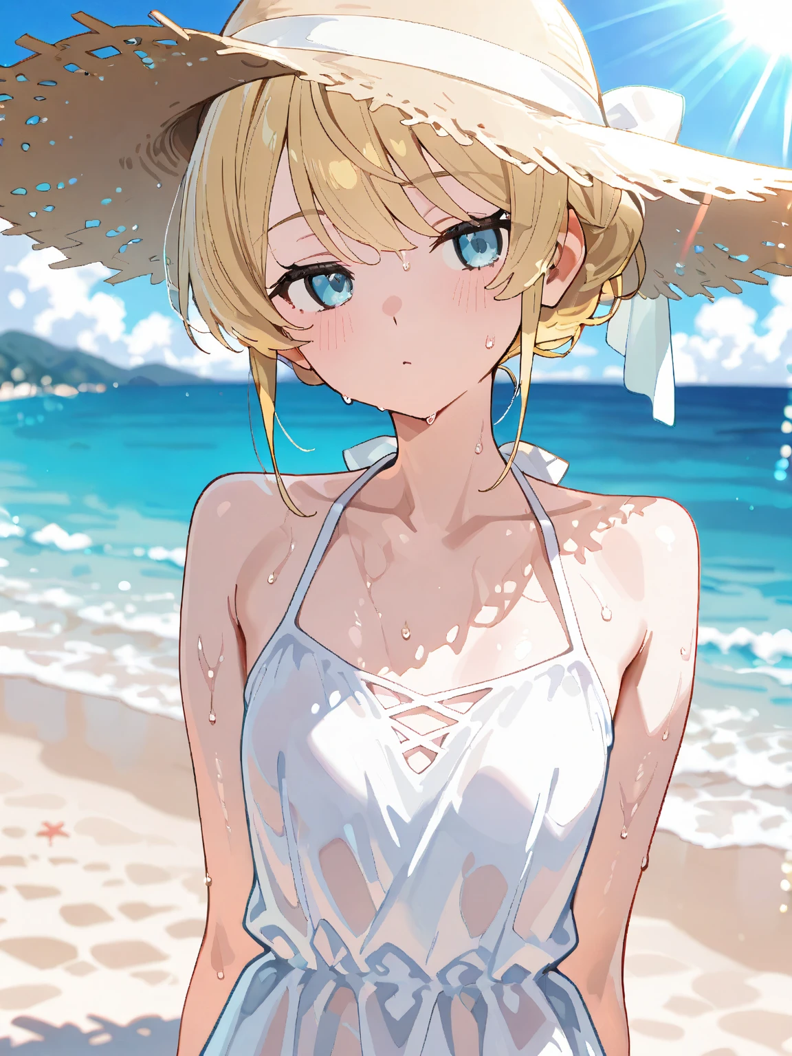((highest quality, masterpiece, High resolution))、beautiful japanese woman、((anime art))、 ((1 female))、18-year-old、realistic face、 smaller breasts、slim body shape、medium short hair、double eyelid、Wet see-through bikini、Wrap your waist in cloth with bold ethnic patterns and plenty of primary colors.、realistic skin、Wet、whole body、cinematic light、tropical、Against the background of palm trees、on a sunny beach、With the sea in the background、blur background、