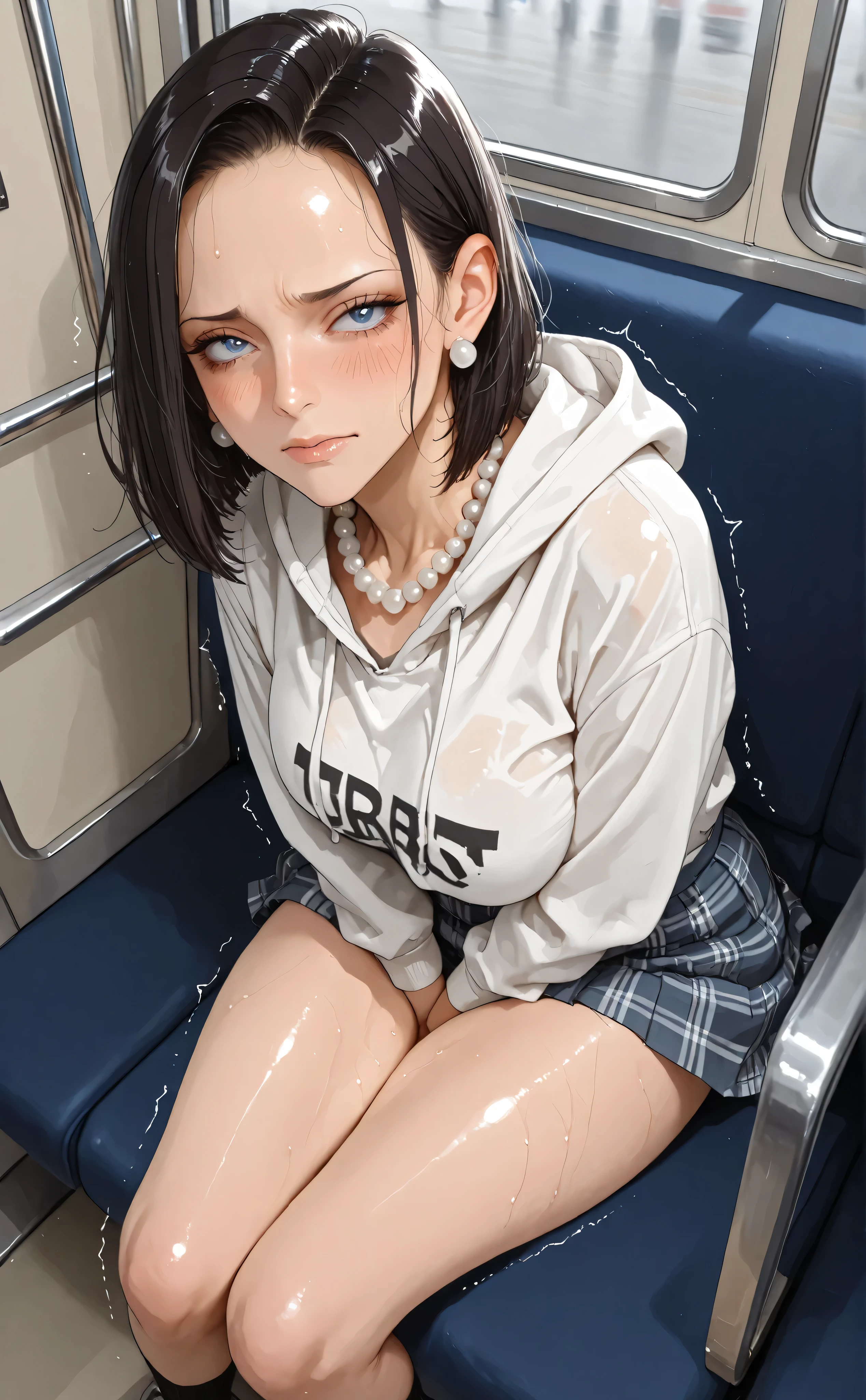 (masterpiece, detailed:1.2),blush,onepiecestyle,,8k、masterpiece, Super Detailed, Ultra Hi-Res, Ultra Quality, illustration, OFFICIAL ART, 1girl, solo,  (embarrassing expression:1.1),  sitting on a train seat, (thighs), grabbing a skirt、 slouching forward,   Tram, from above, Cinematic Angle,sweat、Android 18、Android18、Hooded Clothes、 Pearl necklace 、earrings、 Trembling all over body 、大量のsweat、Steam、teary eyes、(dark haired:.1.2)