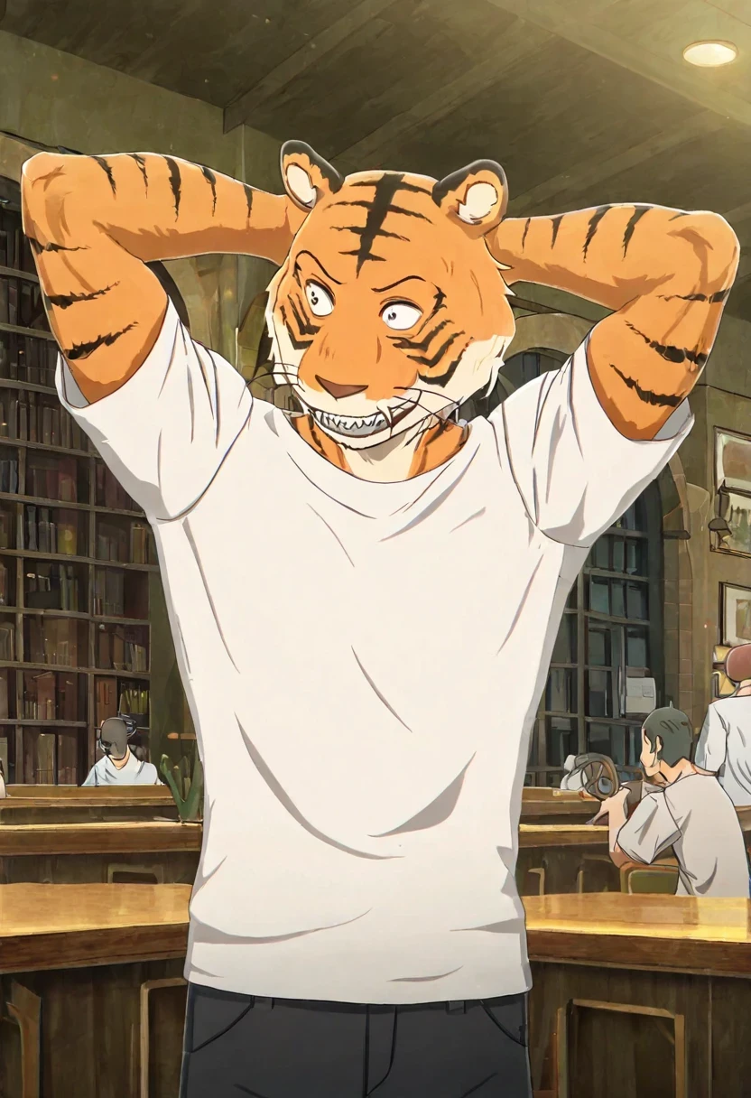 masterpiece, best quality, incredible quality, very aesthetic, Absurds, newest,  alta calidad, detailed, BillBeaStars , a boy, eyes, anthropology, Bengal tiger, wide shoulders, brown eyes, muscular eyes, athletic build, orange fur,  black stripes, sharp teeth, white shirt, black pants, theater club, Drama Club, smiling, looking at the spectator, Half body, detailed background, standing, interiores, hands behind the head, flexing