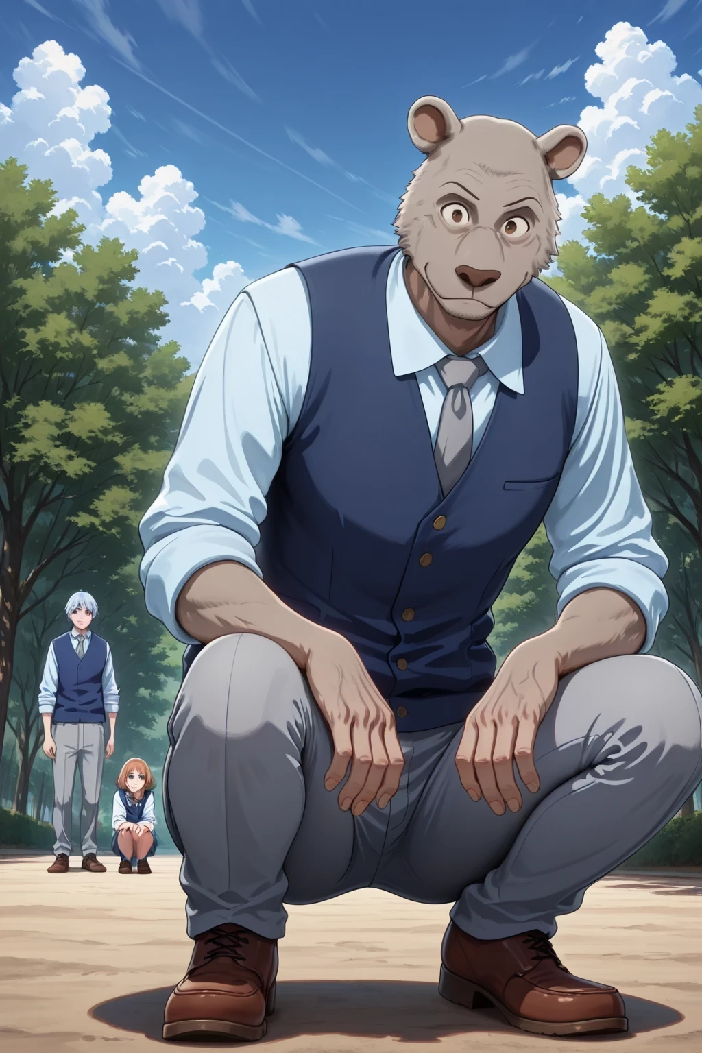 absurd result, best quality, alta calidad, detailed,  , wide shoulders, Mature man, tiny brown eyes, athletic build, musculvery hombre,  round ears , very, polish, Grey body, gray school pants with stripes ,Blue vest, long sleeve white shirt, gray tie, while squatting, squatting, in the schoolyard, sky blue, white clouds, sunny day, looking at the spectator, full body , agresivo