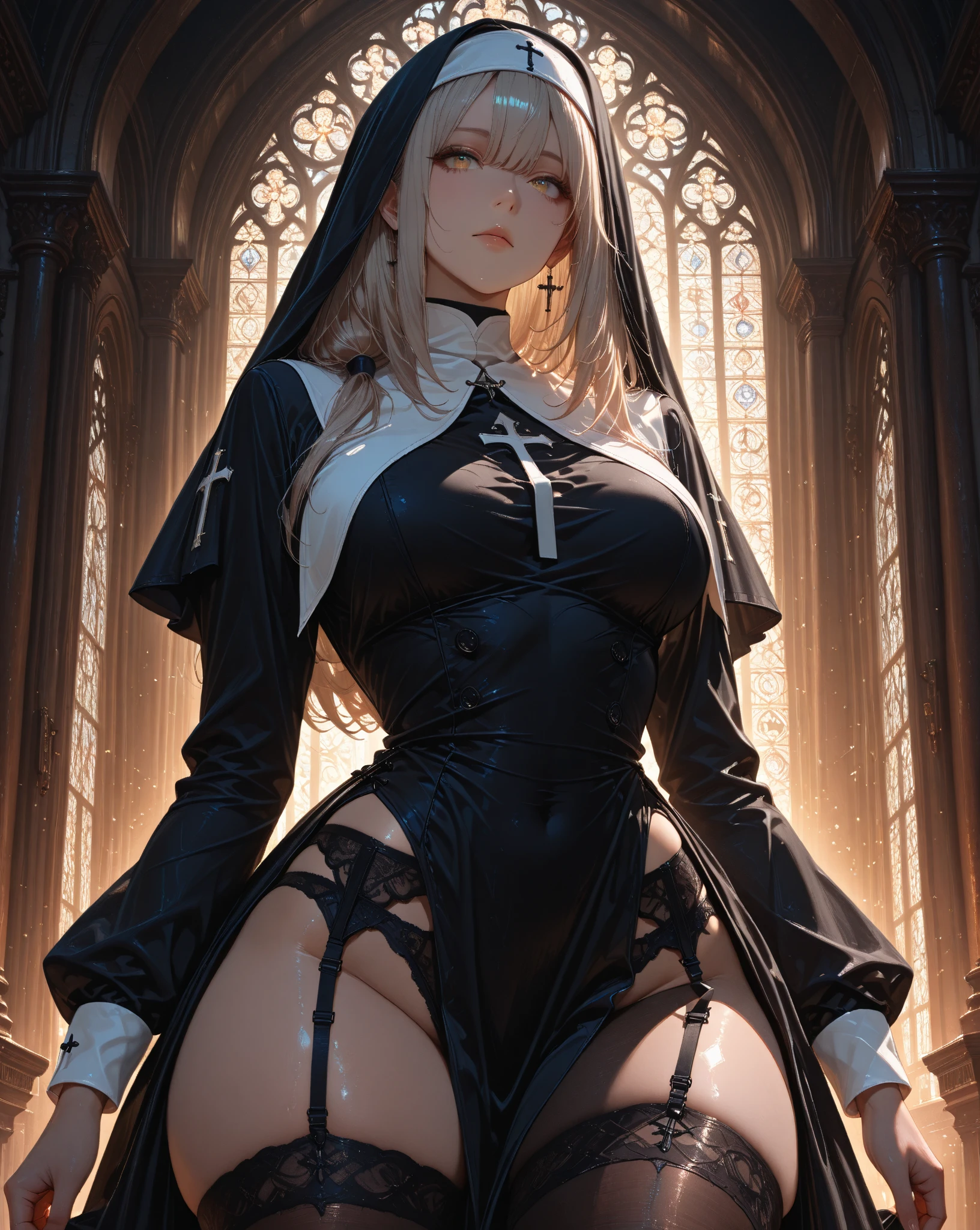 Presented in 8K resolution, this artwork is masterpiece-quality CG quality, with extremely detailed and realistic images, normal proportions, and the image of a nun. The nun tilts her head towards the audience, wears a large number of erotic shackles and chains, wears erotic gold-rimmed clothes, erotic thigh straps, plump figure, flat chest, seduction, and disgusted expression. The work adopts an anime style, the skin texture of the characters is delicate, and the anatomy is correct. High image quality, reaching 16K resolution, with a dark style Catholic church in the background. Erotic character tattoos, gorgeous uniforms, nuns' clothes are gold-rimmed, the perspective is unique, and the picture is full of evil emotions. An evil light shone above, creating an even more terrifying atmosphere. Maid uniform, white hair, red eyes, stockings, gloves, looking at you, pink bow, double tail, 1 girl, small chest, despair, masterpiece level CG quality, 1 girl in the picture, behind her arms, back against the wall, head tilted towards the viewer, wearing a thigh strap.
