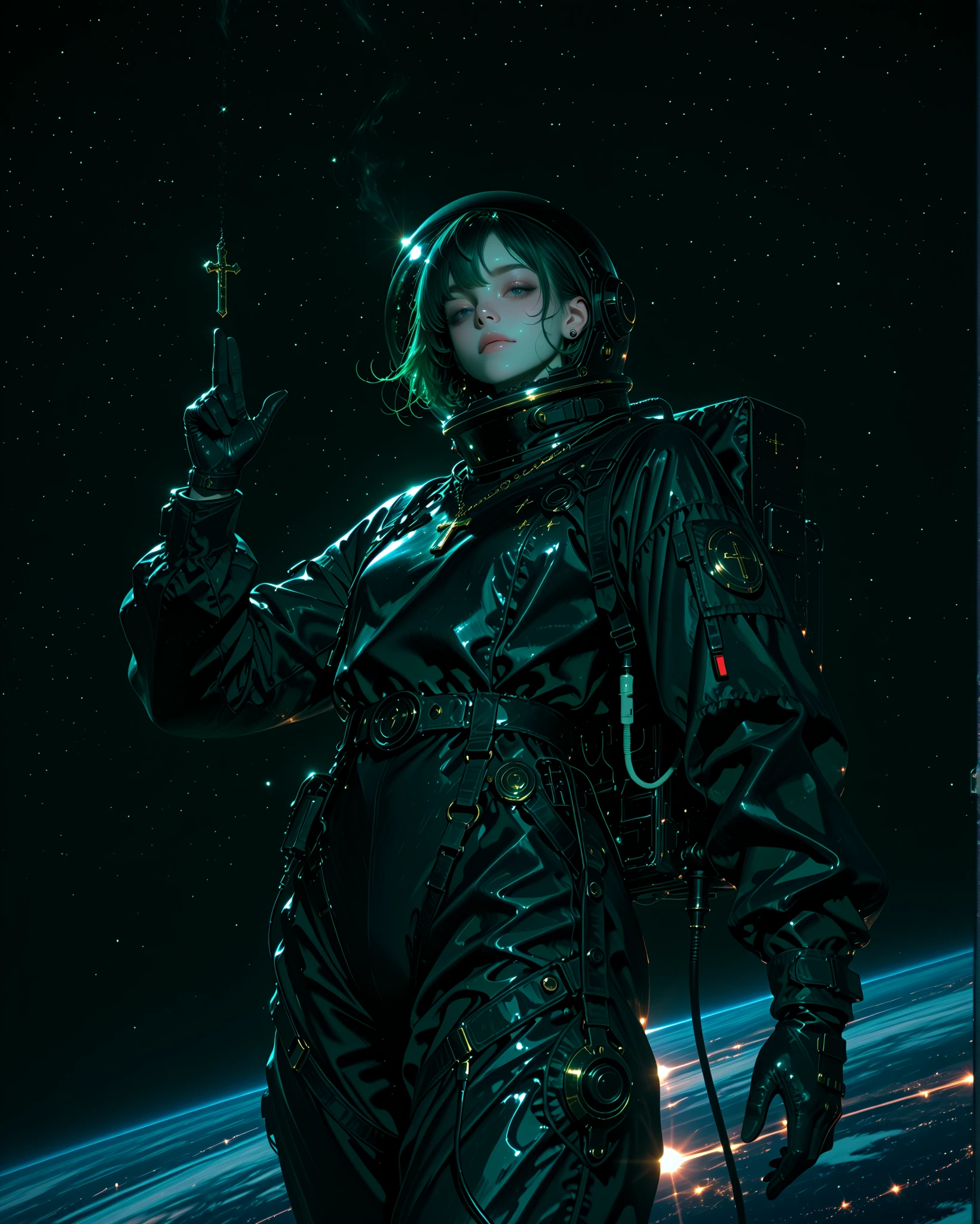 gothic female astronaut, pale skin, wearing a sleek black gothic-style astronaut suit with dark metallic plates, intricate lace-like engravings, and gold and silver accents, holding her black space helmet in one hand while in a powerful dynamic mid-air twist pose as if maneuvering in zero gravity, long flowing green hair moving dramatically, intense and confident expression, black gothic gloves, subtle cross pendant visible, background showing deep space with the Moon on one side and the Earth on the other, stars scattered across the sky, cinematic dramatic lighting with one side illuminated by Earth’s glow, ultra-detailed textures, photorealistic 8k quality, high-fashion-meets-space aesthetic