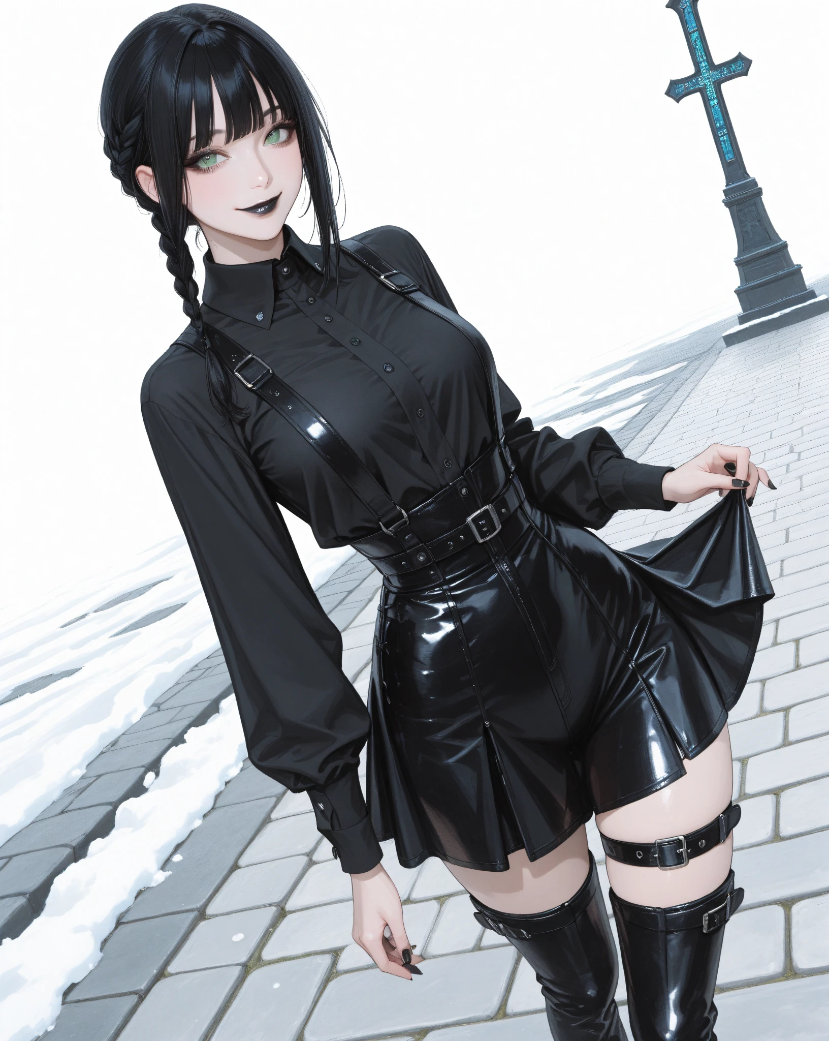  最high quality, high quality, High resolution, Beautiful woman, High detail, Good lighting, Obscene, transformation, (((Tight mini skirt))), (((Thigh-high boots))), Black Leather Gloves, Bare thighs, Bare arms, (((Incontinent))), (((Peeing))), (((Peeing on your own))), (Pee running down my legs), Pee stains, (puddle), (Thick thighs), Nice long legs, lipstick, Detailed face, Pretty face, Embarrassed and blushing face, Humiliated, ((In a wide alley)), Heherz、Garter belt and knee-high stockings