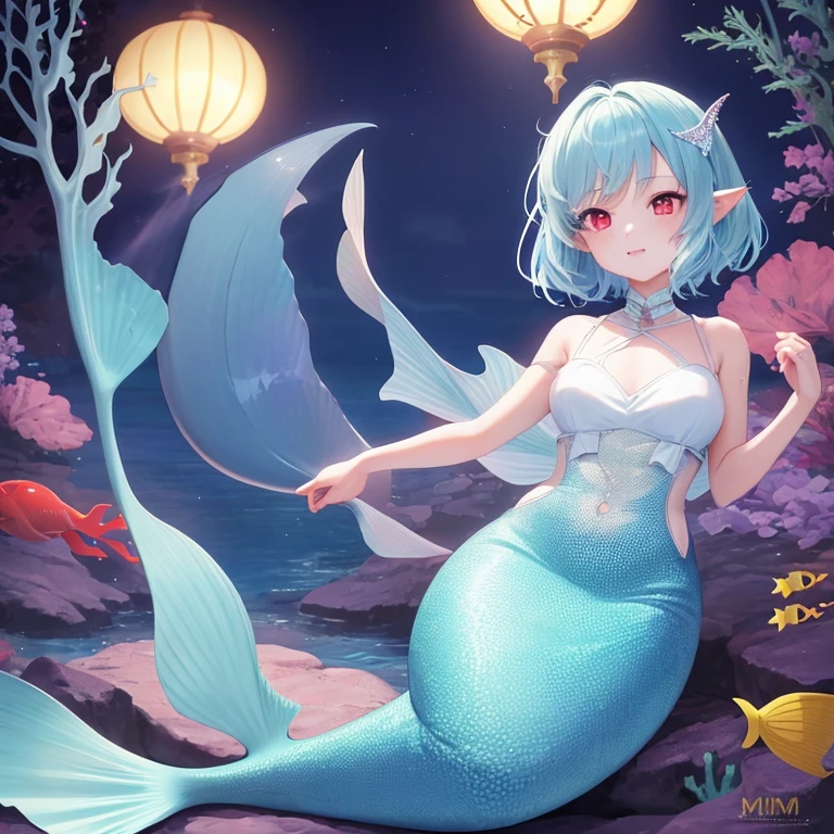 Male Mermaid、、child、naked、Blue short hair、Blue Scales、fin ears、Wooden floor、indoor、sit、Main upper body、Larger image、Delicate face