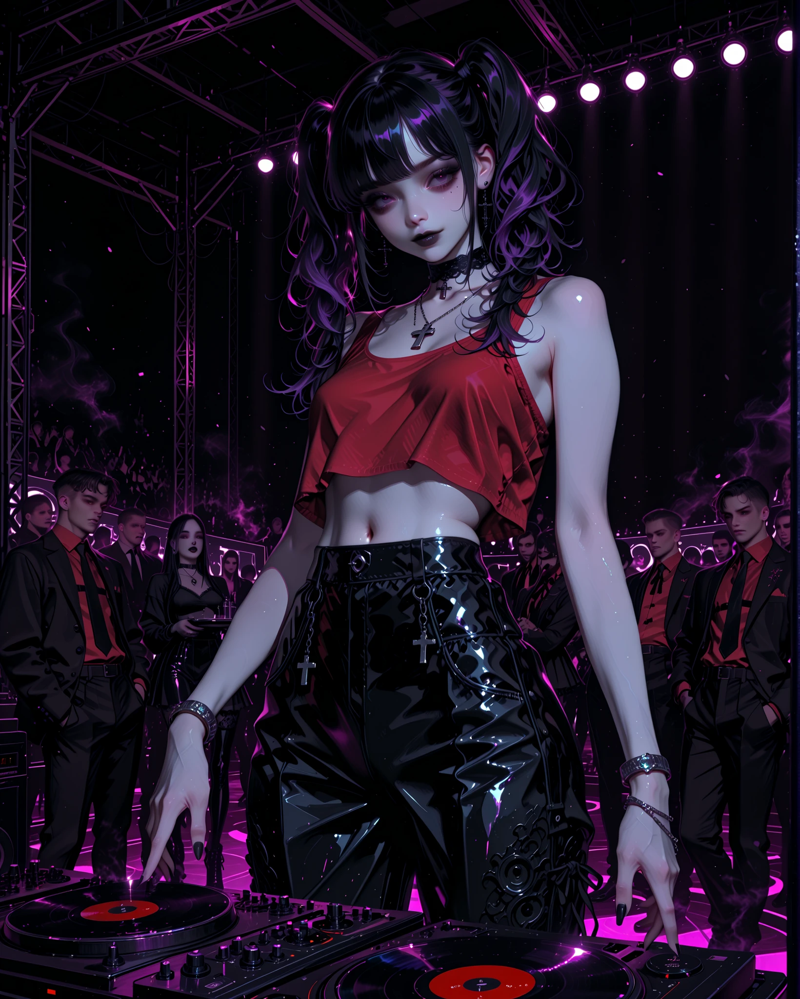 gothic female DJ, pale skin, wearing a short red tank top revealing her navel, black latex pants, gothic choker, silver bracelets, black leather wristbands, cross necklace, hair dyed deep purple styled into two high pigtails with black lace ties, dramatic goth makeup with dark lipstick and smoky eyes, standing behind a sleek DJ turntable setup, hands actively mixing music, intense dark techno club atmosphere, strobe lights in deep reds and purples, faint fog, dancing crowd silhouettes around her, sense of motion in her hair and clothes, metallic reflections on latex pants, cinematic lighting, ultra-detailed, high contrast shadows and neon glow accents, energetic and immersive scene