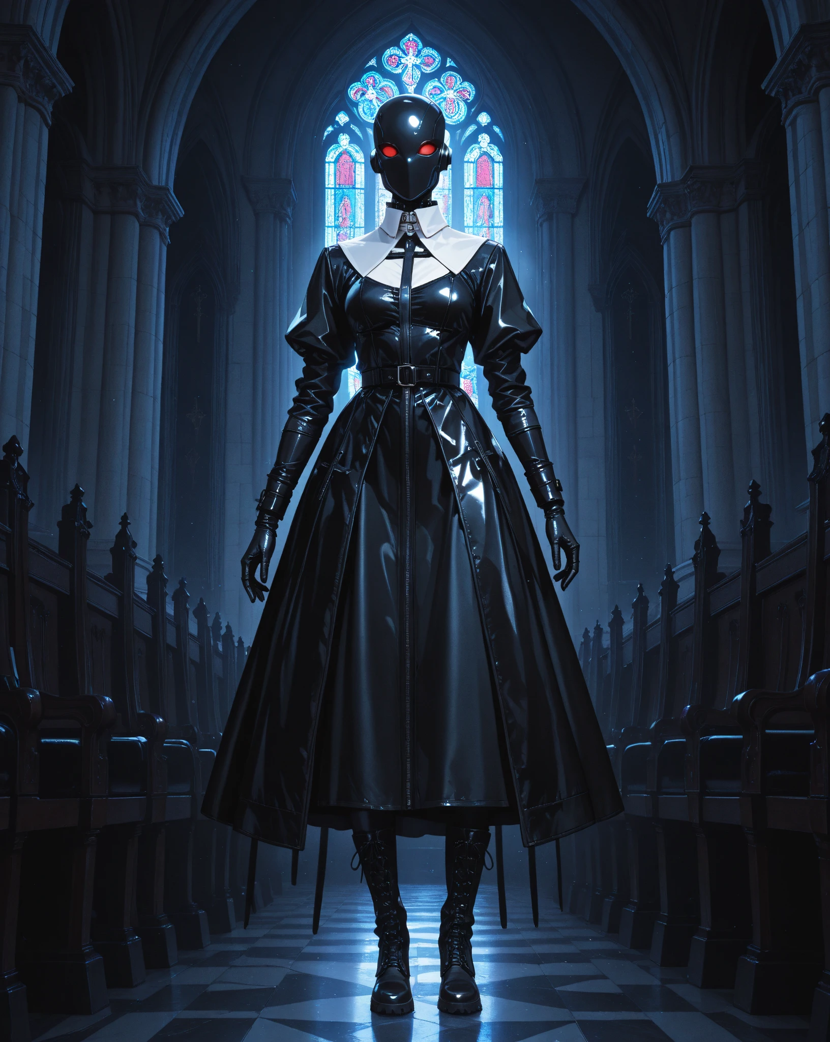 ral-opal, meahophontron, full body, woman robot face, Cyberpunk, devil nun, , looking at camera, body nun clothes, red eyes, primer plano looking at camera, realist, beautifull woman, sexy face, black clothes, gray and red, Red high heels, holding red crucifix.
