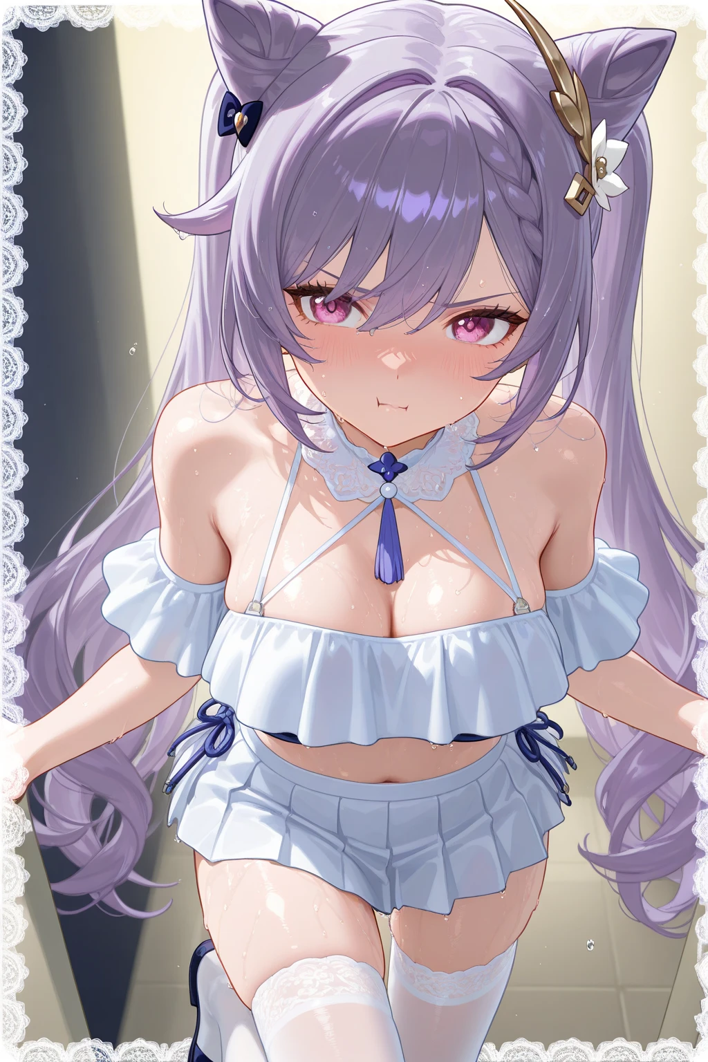absurdres,high quality,score_9, score_8_up, score_7_up, score_6_up, score_5_up, score_4_up, BREAK source_anime,bottomless,1girl,solo,rating_explicit, lineart,
long hair, breasts, looking at viewer, blush, bangs, blue eyes, large breasts, black hair, hair ornament, thighhighs, bow, ribbon, navel, animal ears, cleavage, bare shoulders, twintails, medium breasts, very long hair, closed mouth, underwear, standing, collarbone, panties, pink hair, purple hair, short sleeves, hair bow, thighs, multicolored hair, cowboy shot, frills, detached sleeves, hairclip, puffy sleeves, virtual youtuber, blunt bangs, stomach, nail polish, bra, rabbit ears, arm up, two-tone hair, white thighhighs, puffy short sleeves, wrist cuffs, maid headdress, detached collar, ass visible through thighs, blue bow, thigh gap, underwear only, x hair ornament, lace trim, pink nails, garter belt, blue panties, colored inner hair, blue bra, frilled panties, frilled bra