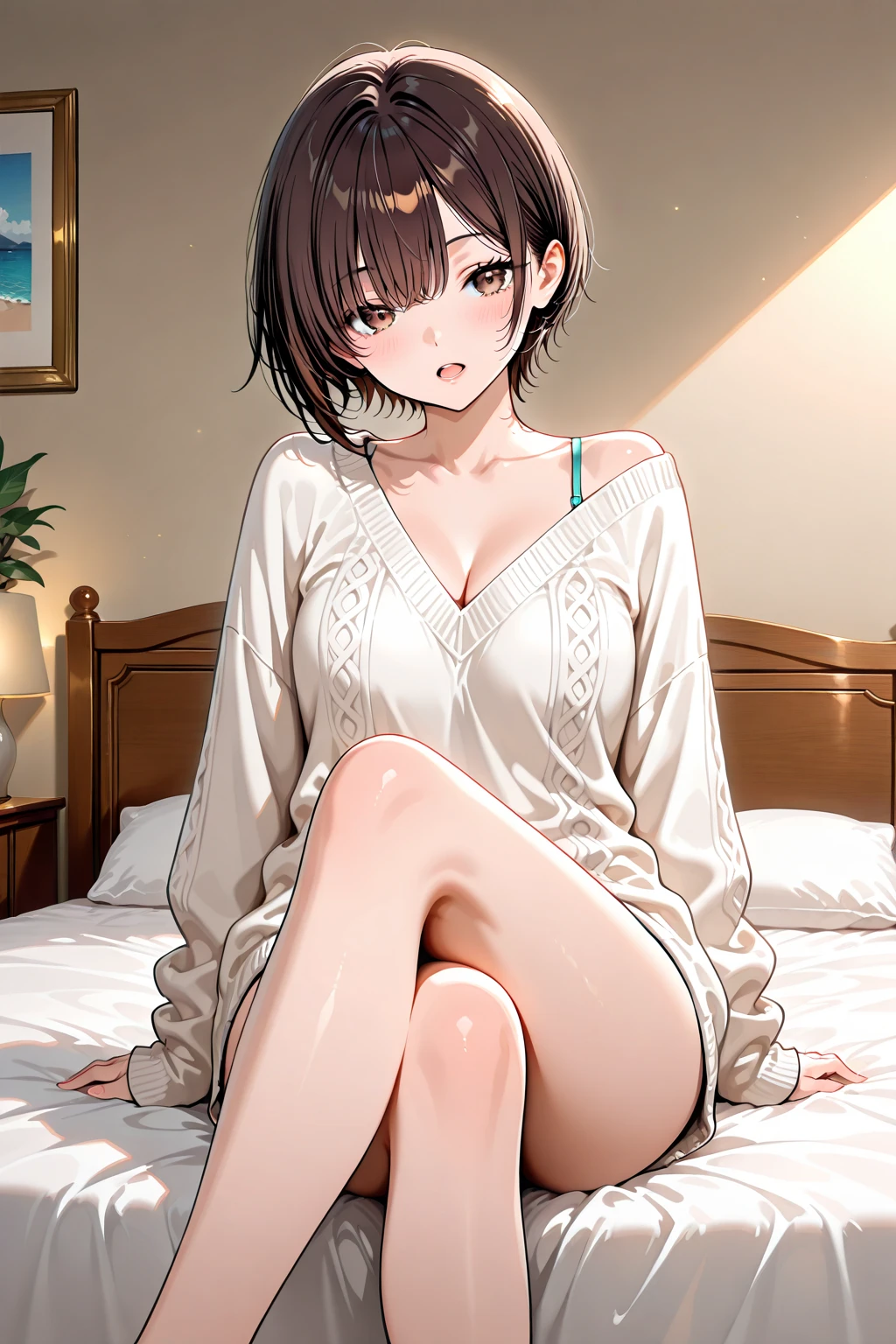 (table top, highest quality, High resolution, , perfect pixel, 4k,), 1 girl, single, alone, Beautiful woman、I could see the whole body、 ((wavy short hair, bangs, brown hair)), ((brown eyes, beautiful eyelashes, realistic eyes)), ((detailed face, blush:1.2)), ((smooth texture:0.75, realistic texture:0.65, realistic:1.1, Anime CG style)), soft chest, dynamic angle, perfect body, ((,, , earrings、necklace、beige off shoulder sweater、、black knee high stockings、open both legs wide、、shy smile)), upper grade、、、evening、(luxury hotel bed、lie on your back on the bed、my chest is wet)、、Close your chest with both arms、You can see the white and light blue lace panties)、angle from below)、