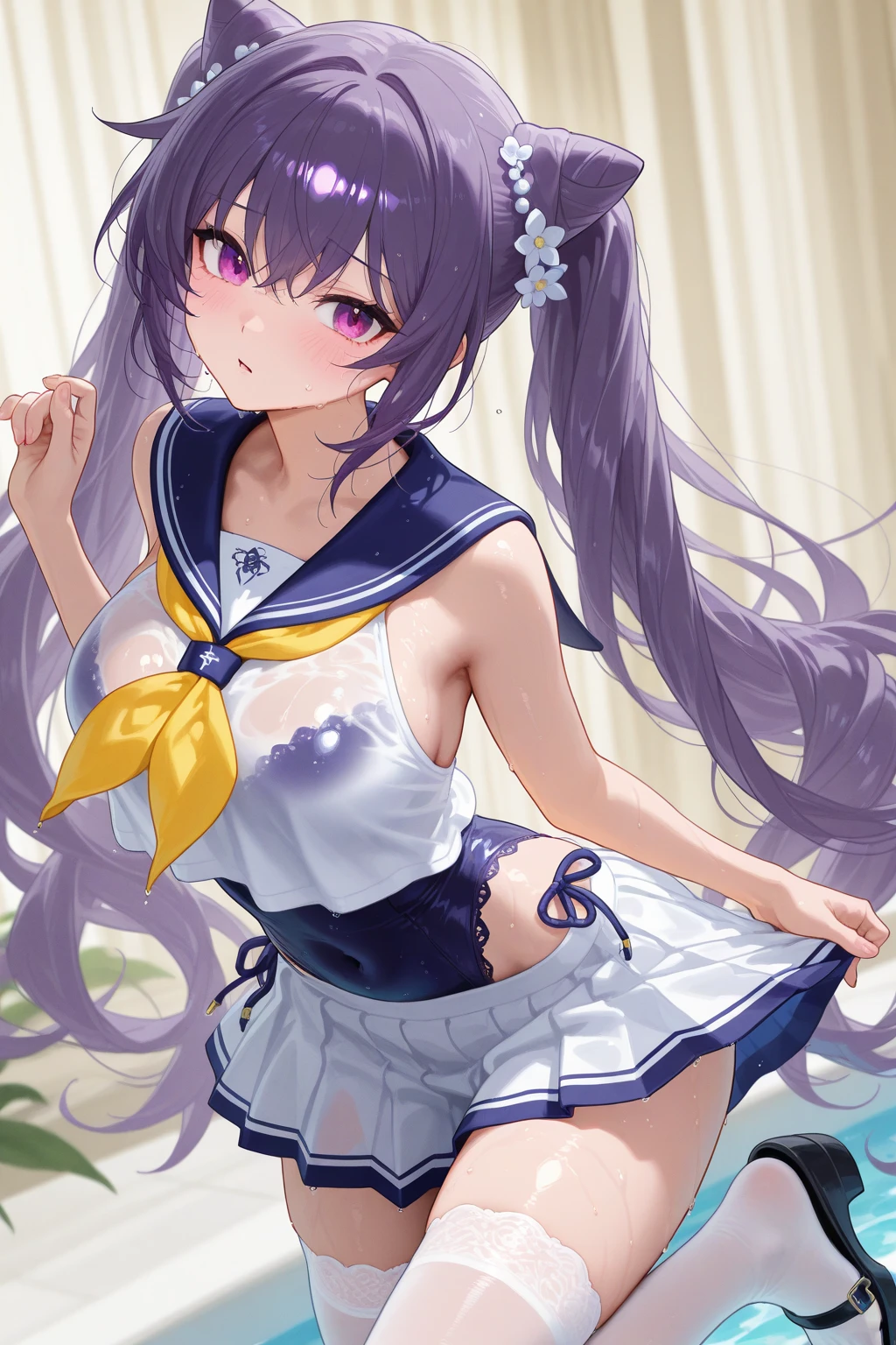 Highest quality,masterpiece, Highest Resolution, nsfw, Sailor uniform, 1 girl, topless, huge breasts,pink nipple, belly button,outdoor, blush, standing, horse ears, horse tail