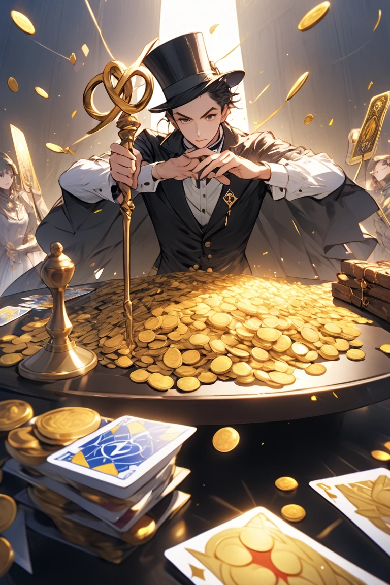 (ageha with top hat), (rich, black suit, business suit, sharply dressed), treasures, shiny gems, monstergirl, by Ray-kbys, (unusual eye, asymmetrical eyes, extra pupils, extra arms, tentacle arm, skeletal arm:1.4), purple hair, lots of coins, capitalism ho, magnate ageha, robber baron, gilded age, smug, greedy, superiority, victorian rich person, absurdres, (treasure pile background:1.5), 1girl, ruby
