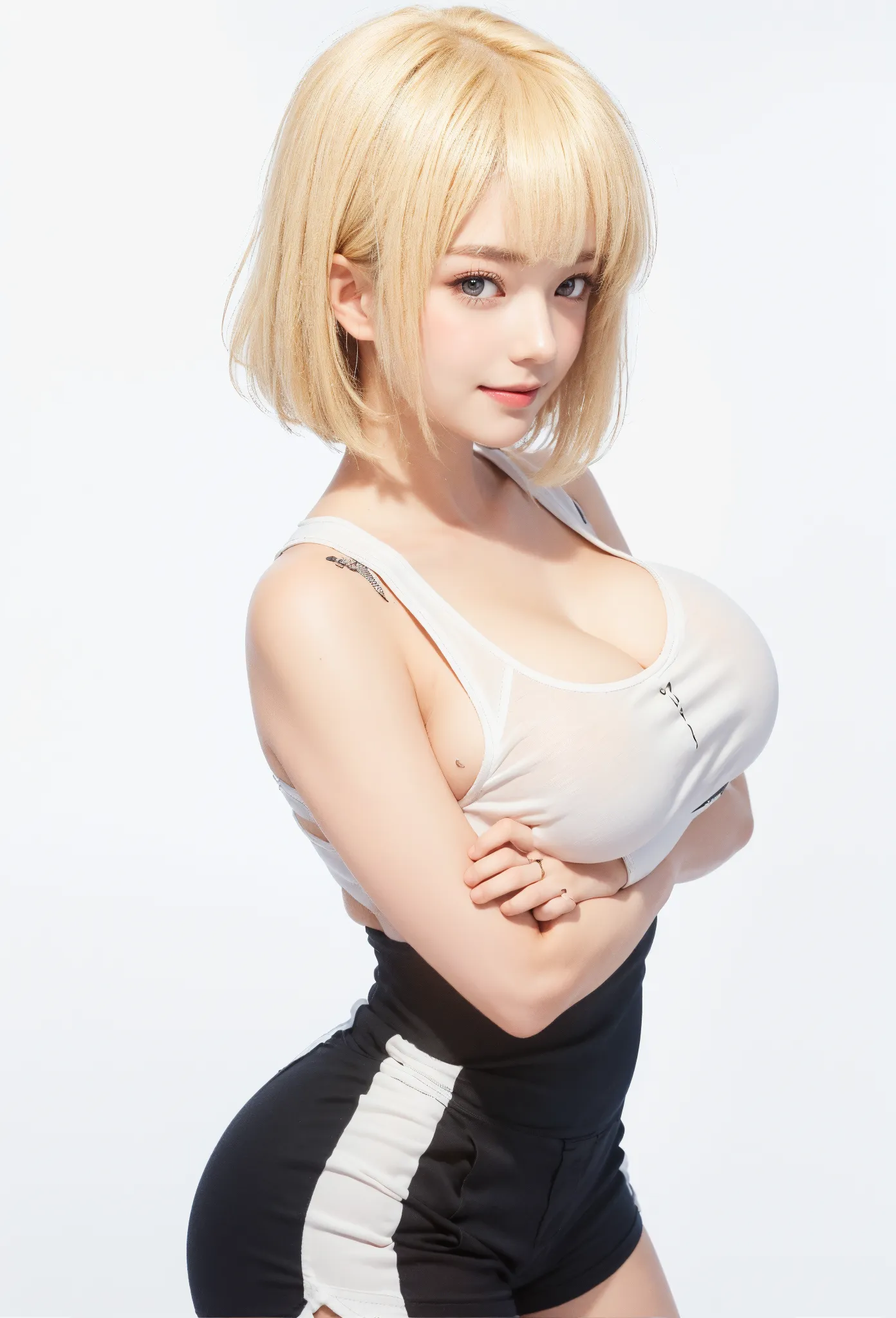 (beautiful micro girl:1.3),(future fader backround:1.4),( huge boobs:1.4) ,,(messy short glossy platinum yellow blond hair:1.3),(bangs:1.2)
(smile :1.2),(beautiful body:1.5),(silver mini skirt :1.4),(black big short T-shirt:1.4),(big wide hip:1.5)