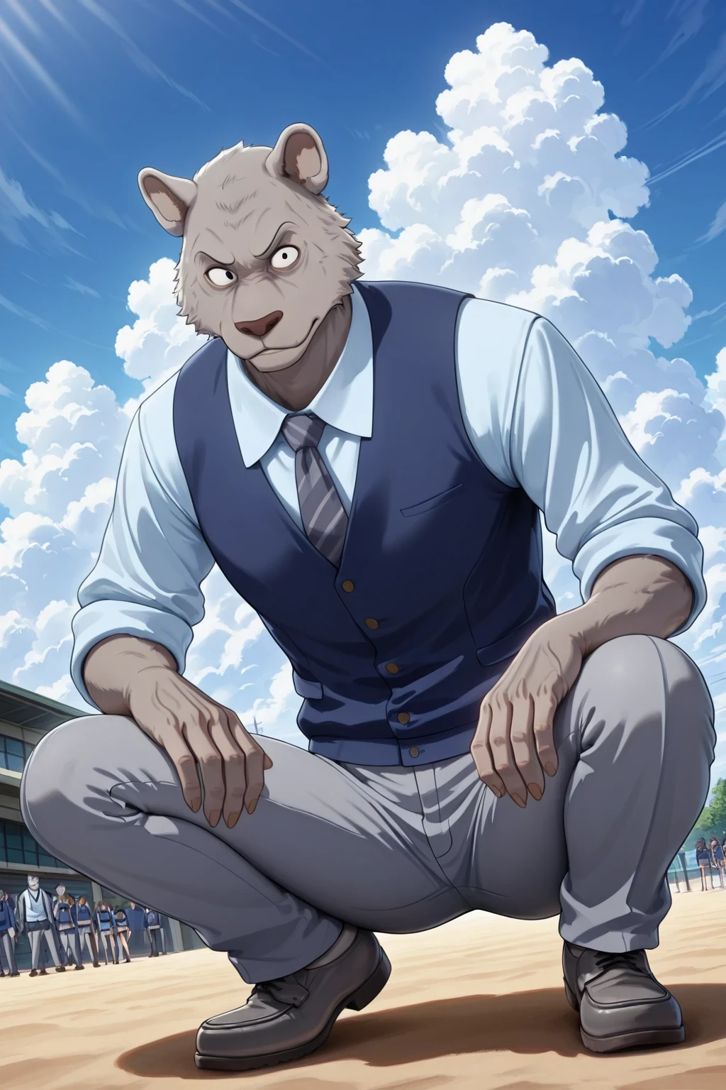 absurd result, best quality, alta calidad, detailed,  , wide shoulders, Mature man, small black eyes, Iris gray, athletic build, musculvery hombre,   round ears  , very, polished, Grey body, gray school pants with stripes ,Blue vest, long sleeve white shirt, dark gray tie, gray school pants with dark gray stripes, while crouching, crouching, In the school yard,  Sky Blue , white clouds, sunny day, looking at the spectator, full body , aggressive, furry