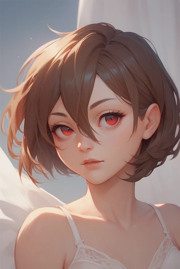 create anime with short hair, sweet and brown look, well-shaped lips, short red hair with Brazilian features, white skin