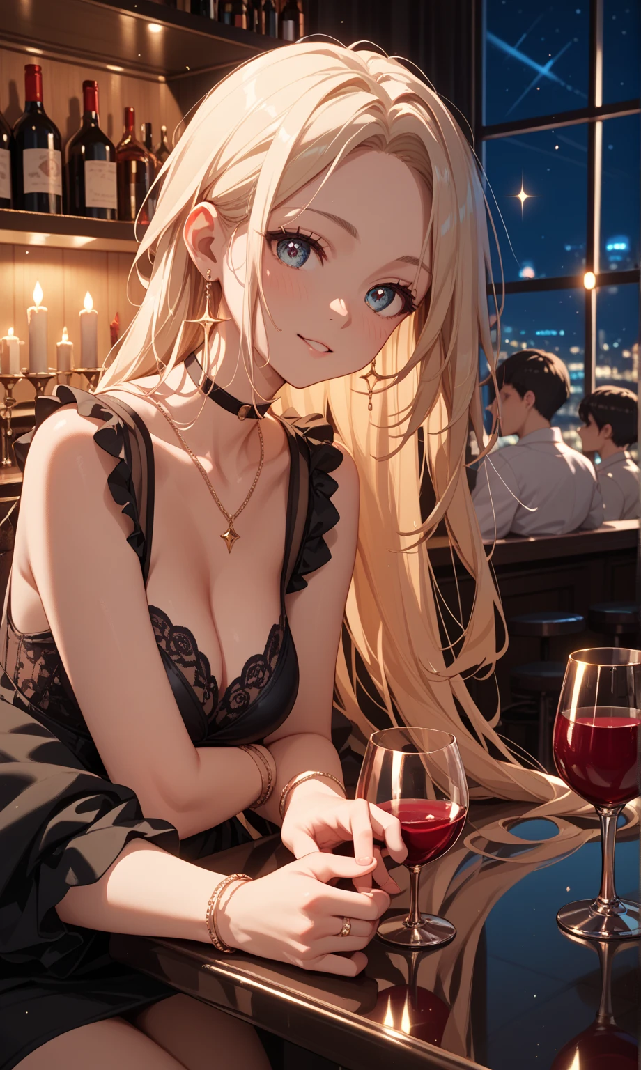 One adult woman,cool,Beauty,blush,Navy blue lolita dress,Long Skirt,straight,long,Blonde,Blue Eyes,Big earrings,holding a glass of whiskey,night,bar
