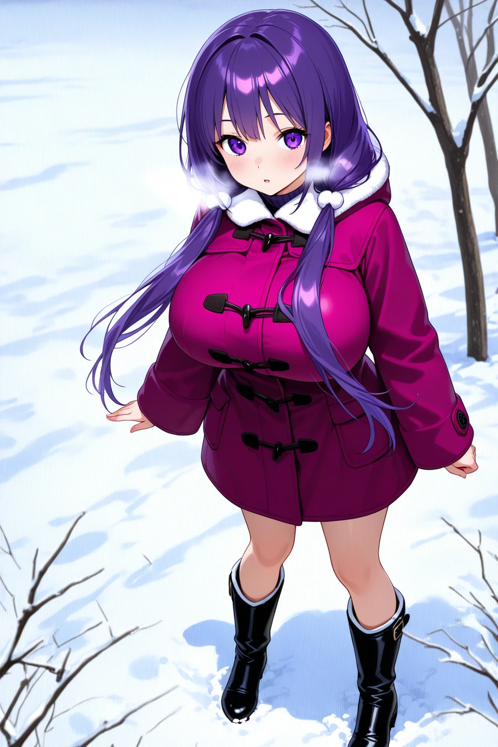 1girl, nsfw, furuderika, long hair, purple eyes, blue hair, blunt bangs,, , empty eyes , large breasts, nipple, Running, ,, Heavy snowfall area frozen wet crying mountain Alone, crying, Naked, solo, 1girl, amusement park ,