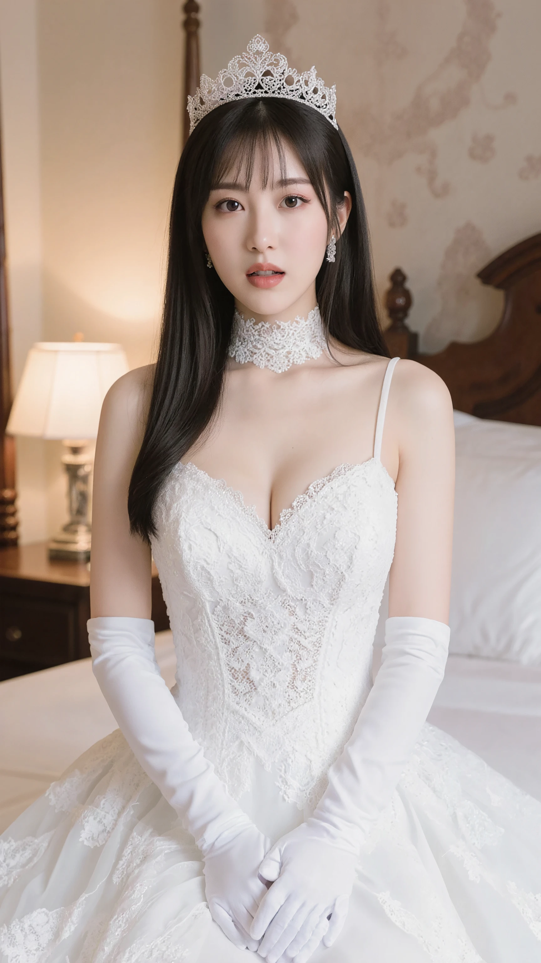 (masterpiece:1.2),1girl,photorealistic,pale_skin,realistic skin,medium breast,cleavage,long hair,straight_hair,black hair,drooling,giggling,
white gloves,choker,ribbon,bow,hair bow,(wedding dress),hair ribbon,garden,vibrant colors,
