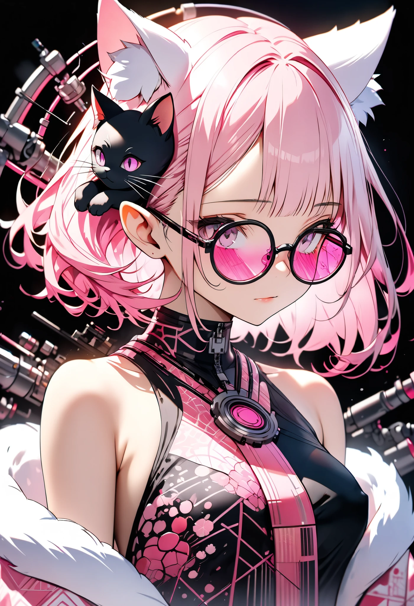 ether machine girl、Fluffy white fur grows from behind the ears Ears {x} pink similar to blood vessels connected to the neck and back Tube {x} Intricate illustration in an imaginative cyberpunk art style, Translucent white short hair (black cat ears) Stylish Watercolor Pink Pattern, She is wearing a beautiful kimono, (round pink glasses:1.2), transparent pink culture solution.pink and white mechanical body,, on white background , connecting the tube to an external machine、, Girl looking down,bust, Brush Blur Effect,( high quality, and high precision, 4K, 8k:1.5), ultra detailed.Physical Base Rendering,Ultra-fine coating,cinematic lighting on Boro's bed, Vivid, vivid color, professional shooting resolution,Award-winning、sexy、Erotic、open shoulders、thighs、Nipples