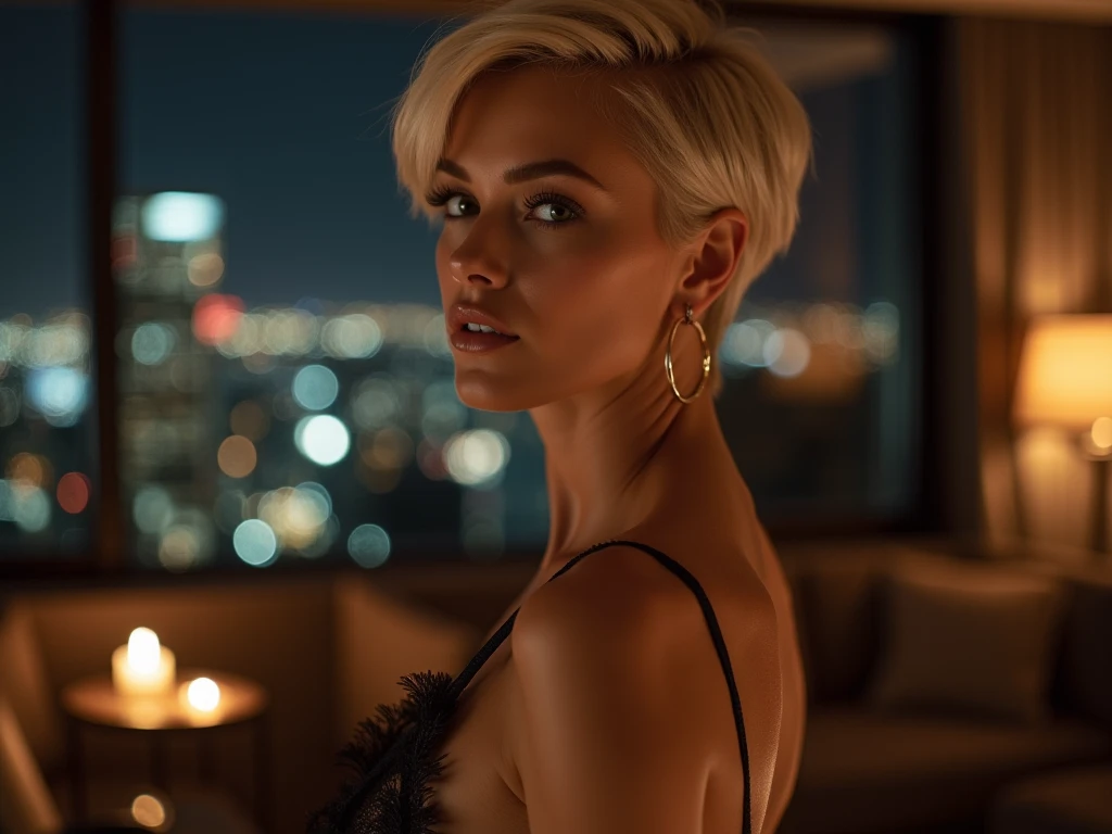 (32k:1.5, Highest quality, masterpiece, Ultra-high resolution), Professional camera work:1.6, Highly detailed skin and face textures:1.3, Captivating full body shot:1.2, Very accurate, Very detailed, 1 adult female, ((Amazing night view from the rooftop:1.4, The moonlight at night illuminates my body)), (Satin Nightgown:0.7), Incredibly slim body, short blond hair, Sensual sitting position, (Big eyes that exude beautiful eroticism:0.4, Small face, A dreamy look:1.0, lipstick, Feel the beautiful eroticism:0.9), Candles, The chest is small, Earrings, necklace, bracelet, (romantic, mysterious), Fair skin, elegant, Object of admiration, original, dramatic, Artistic, Innovative, Charm, Heartful, Fancy, sense of openness, sense of cleanliness, Special, exciting, Extreme, Tilt, ((Adult charm, Feminine charm, Hair blowing in the wind)