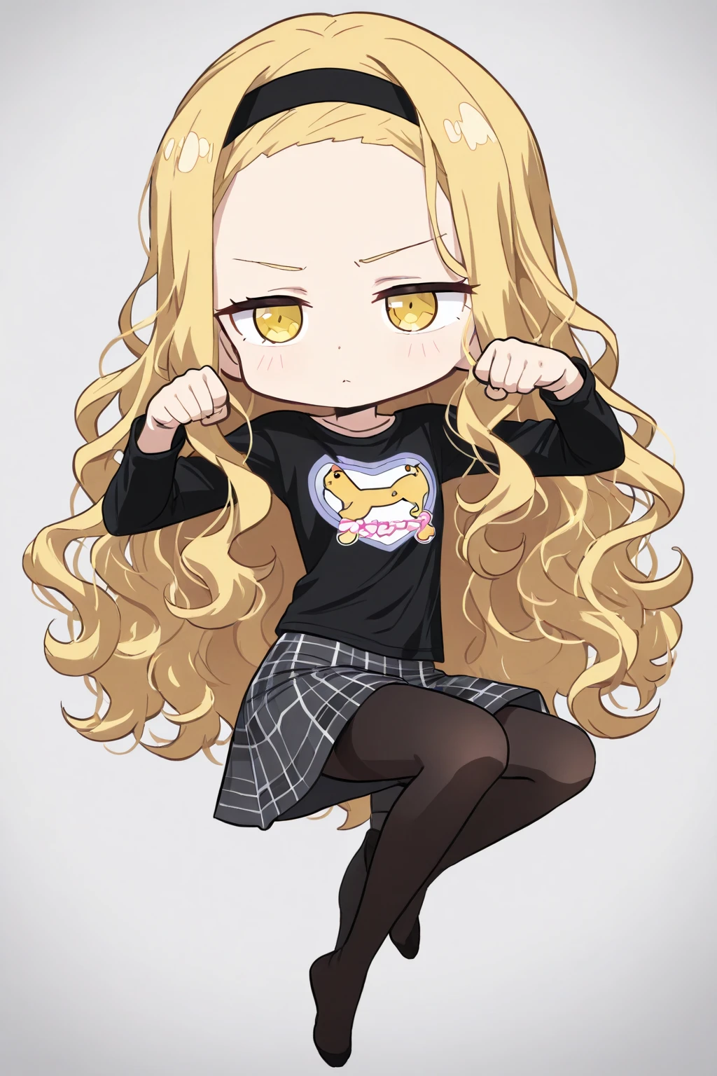  chibi, best quality, simple background, (white background), light eyes, light blush, cute pose, dynamic pose, marina kirarazaka, long hair, blonde hair, yellow eyes, hairband, wavy hair, black hairband, shirt, skirt, long sleeves, black shirt, black stockings, 1girl, solo, full body, Highest Quality, masterpiece, upscale