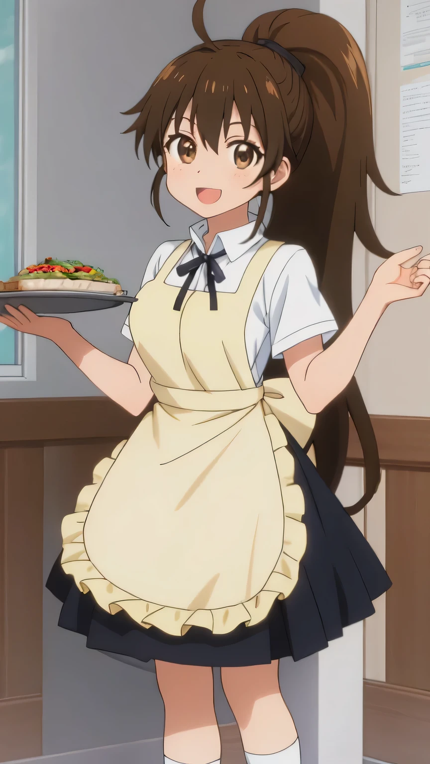 {{{masterpiece}}}, (best quality:1.5), (ultra-detailed:1.5), {illustration}, {{an extremely delicate and beautiful}}, (beautiful detailed eyes:1.6), absurdres, highres, extremely detailed face, 16k, hd, visual anime de uma jovem mulher, extremamente bonito rosto de anime, anime melhor garota, (perfect hands, perfect anatomy), (five fingers:1.1) anime face, Popura Taneshima(WORKING!!), 1girl, solo, cute face, brown hair, ponytail, long hair, ahoge, bangs, sidelocks, (brown eyes:1.3), (short of a person:1.2), colossal tits, big hips, curvaceous, BREAK, waitress, (white shirt:1.3), short sleeve, black tie, (neck ribbon:1.3), ((moccasin apron, (bib apron:1.2)), pleated skirt, black skirt, mini skirt, black crew socks, black loafers, BREAK, standing, open mouth, flushed cheeks, sorriso alegre, smiling, visual anime de uma jovem mulher, extremamente bonito rosto de anime, anime melhor garota, indoor, restaurant, waitress, waiter, carrying food on tray, food, food on the plate, fluttering skirt