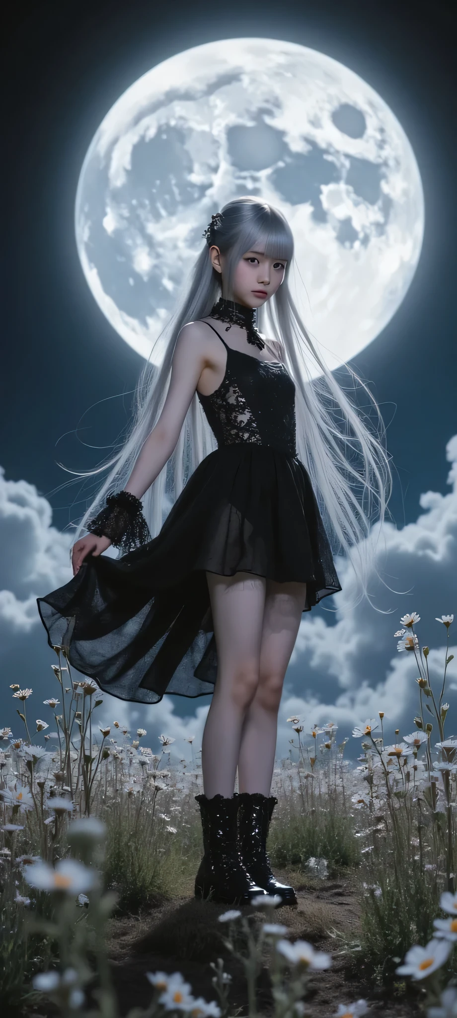 One cute Japanese girl、Masterpiece、best quality、super high resolution、RAW pictures、8K、16K、Detailed images、(((((looks like a young girl in the lower grades of elementary school)))))、break、(((((long silver hair braided on the side)))))、Vivacious golden eyes、noble atmosphere、(((((gothic mini dress、sleeveless with frills on the cuffs)))))、break、(((((standing with the big moon in the background)))))、Rin々Beautiful and noble atmosphere、 Mysterious Girl、A captivating smile、A beautiful and beautiful body