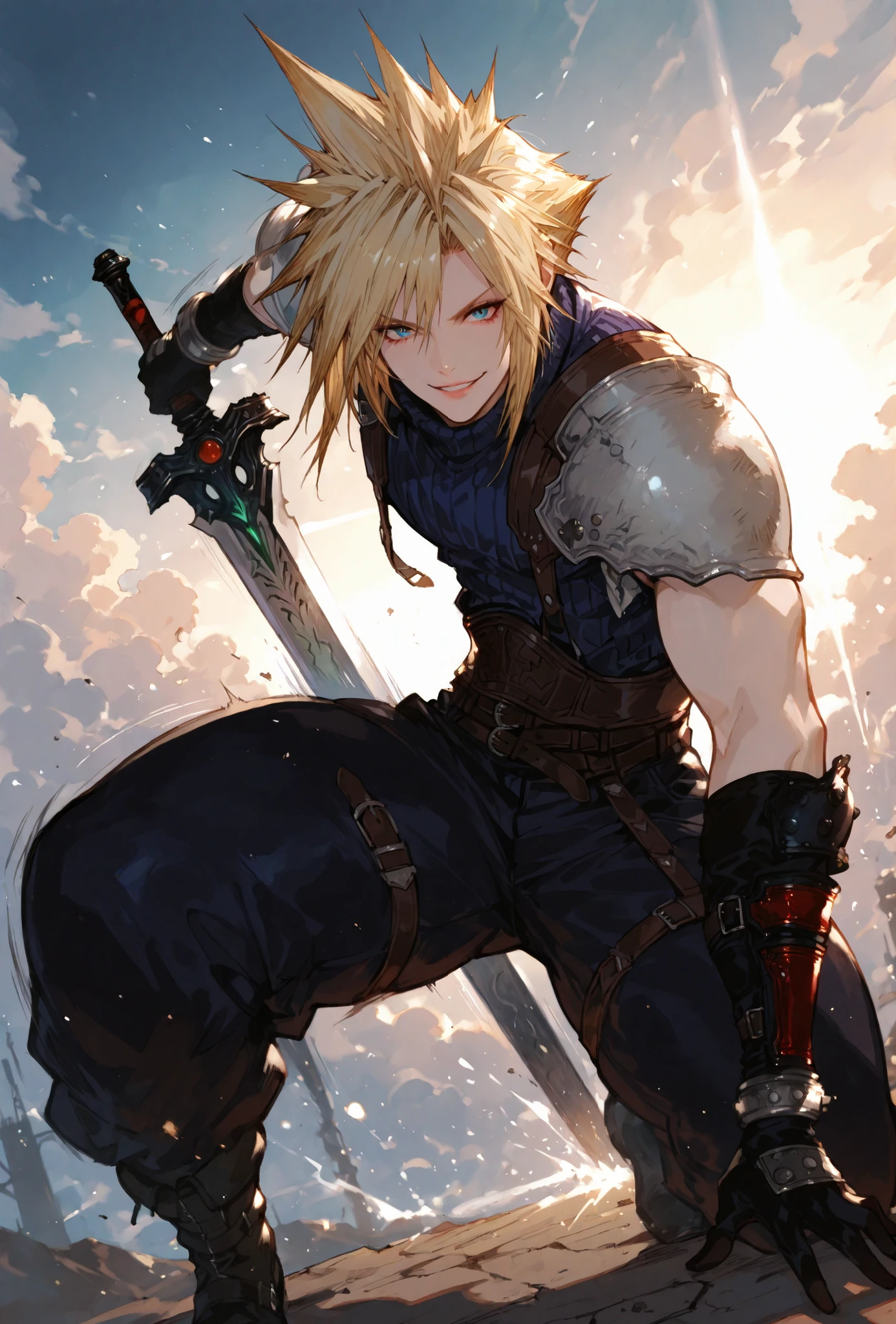 (((BARE ARMS))(score_9,score_8_up,score_7_up),((MAN, 1 MAN, CLOUD STRIFFE , FINAL FANTASY VII, CLOUD full SOLDIER clothers, WITH A BASTARD SWORD,), ,,extremely detailed,dynamic lighting,best quality,,,best quality,high quality,, , dynamic angle, , thick thighs, motion lines,, , solo, perfect eyes,,DETAIL,MASTERPIECE,,Expressiveh, ultra detailed,,,,very detailed,extremely detailed,dynamic lighting,best quality,(score_9,score_8_up,score_7_up), CLOUD, FINAL FANTASY VII, BLUE eyes, BLONDE SPIKY hair, , BADASS POSE,ATLETICH BODY TYPE,,extremely detailed,dynamic lighting,best quality,pale skin,evil smile,, sleeve, BLACK GLOVES